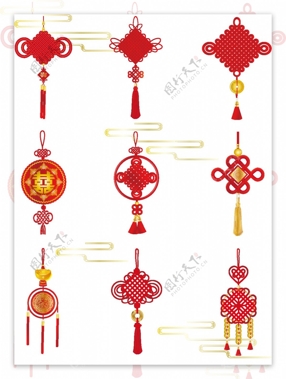 手绘中国风中国结元宝铜钱吊坠装饰套图元素