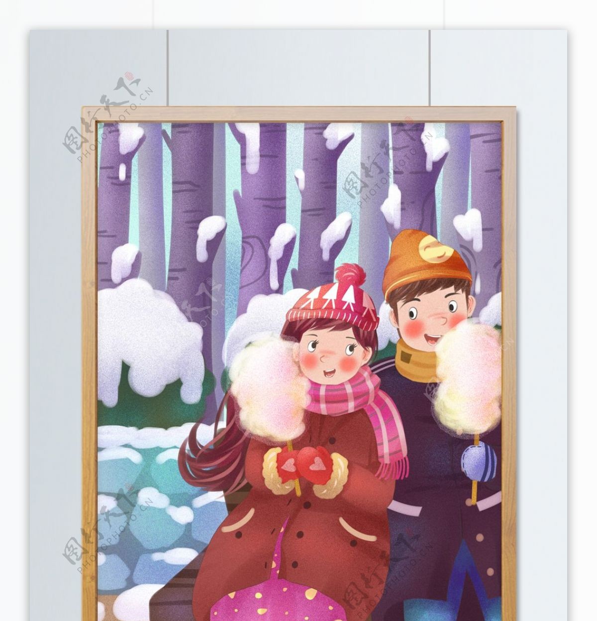 情侣冬季日常一起吃棉花糖的情侣清新插画