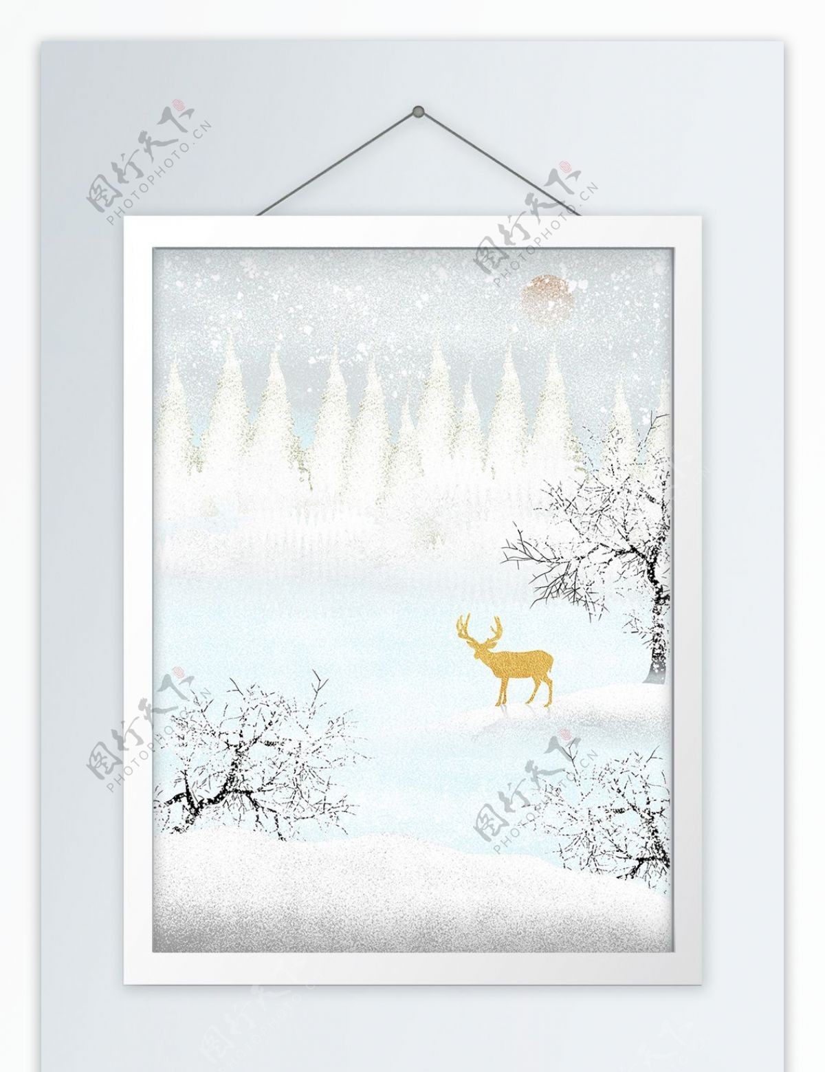 手绘飘雪树林麋鹿装饰画