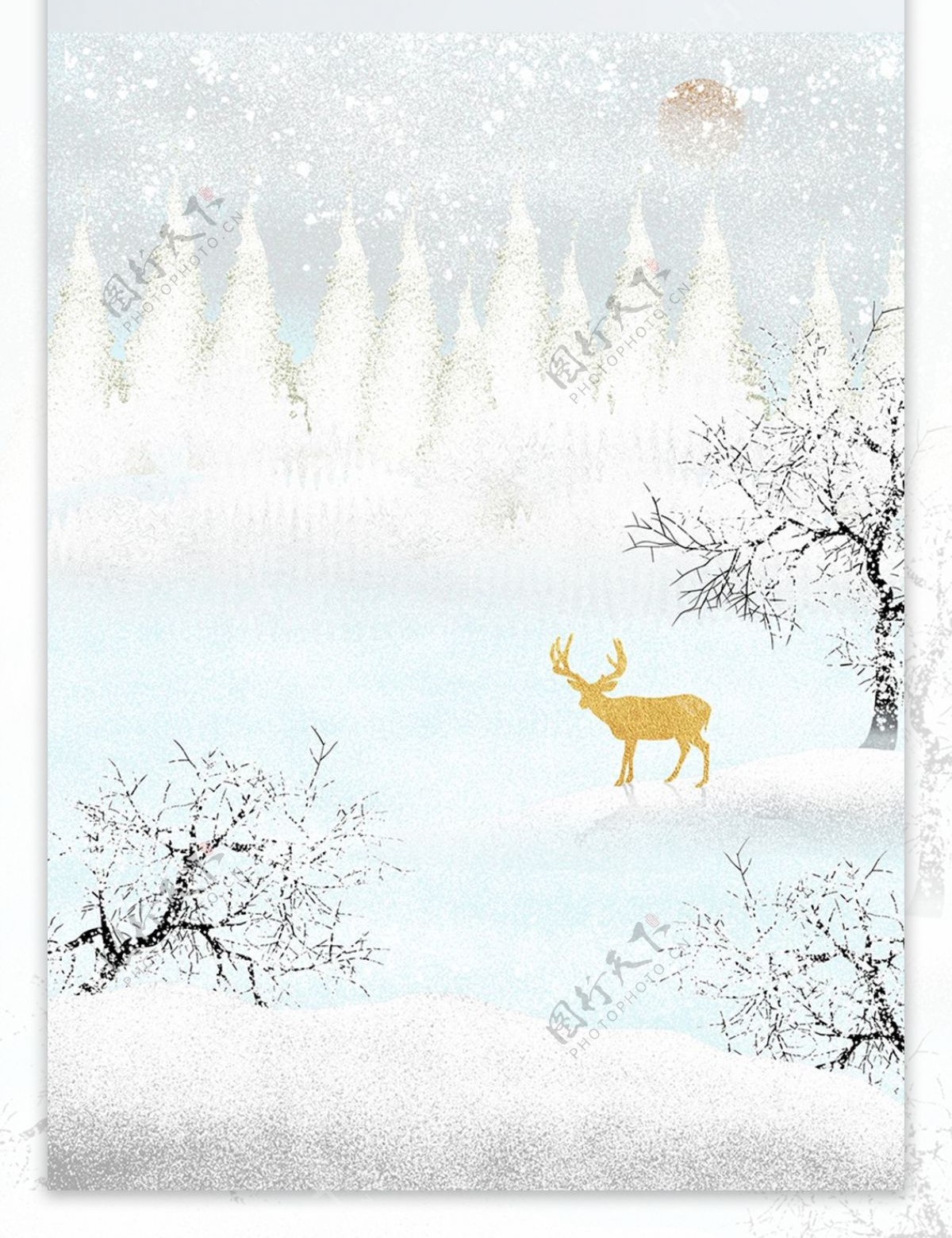 手绘飘雪树林麋鹿装饰画