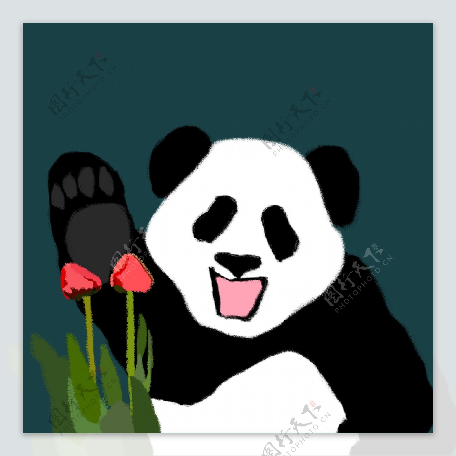 手绘风彩色熊猫与花花元素
