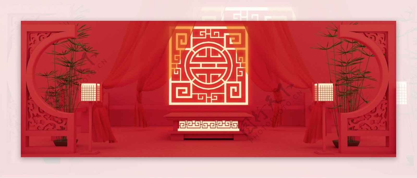 全原创红色新年中国古风隔断舞台展台背景