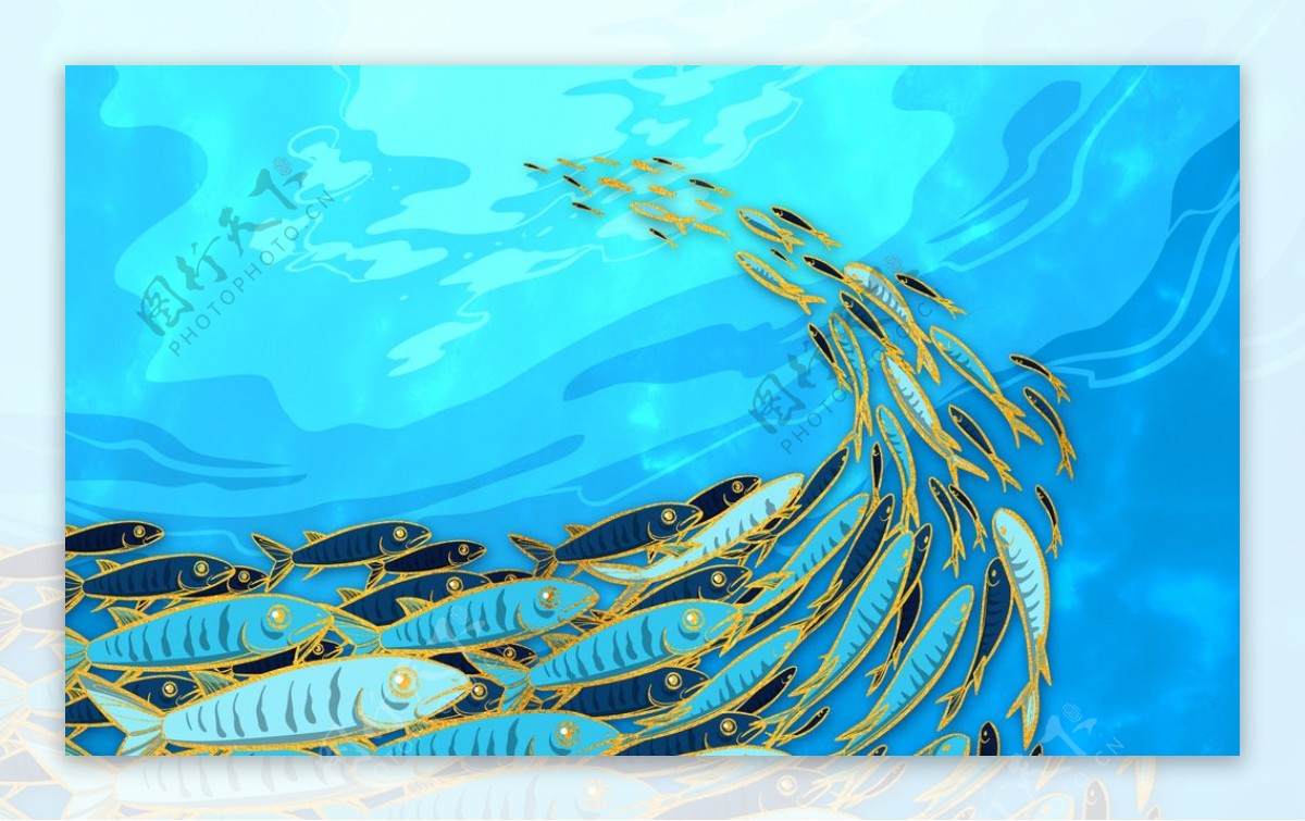 海洋鱼线条手绘创意电视背景墙壁