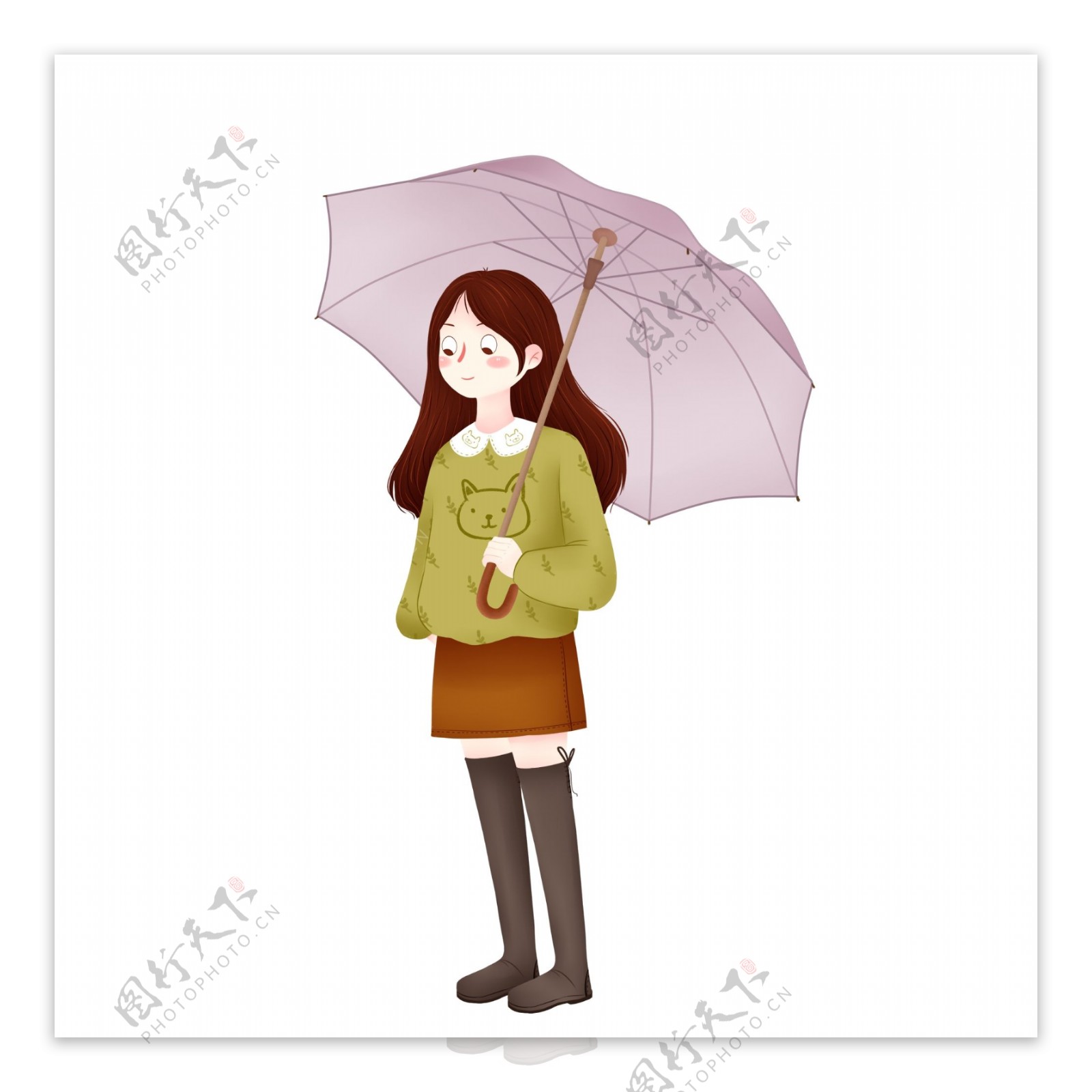 打着雨伞的卡通女孩图案元素