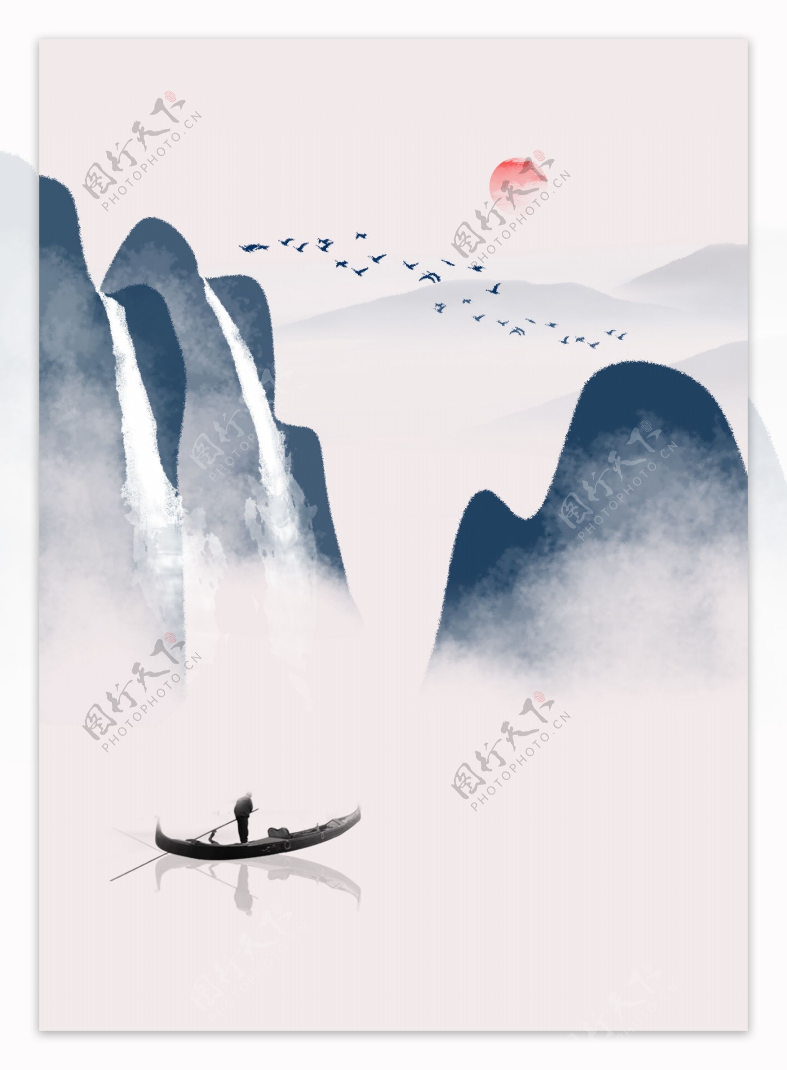 中国风蓝调意境山水瀑布客厅装饰画