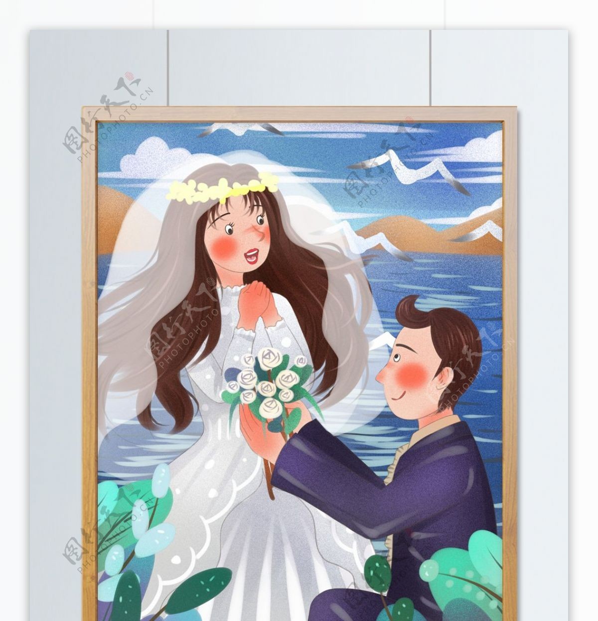 海边婚礼新郎下跪给新娘献花蓝色清新插画