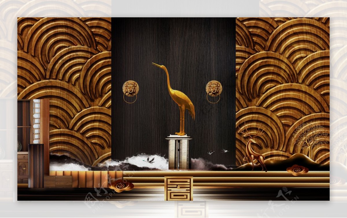 中式木纹造型墙玄关屏风电视背景