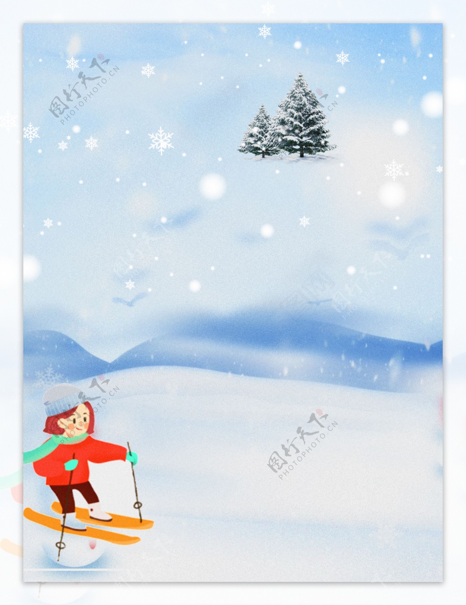 手绘风冬天雪地女孩滑雪背景
