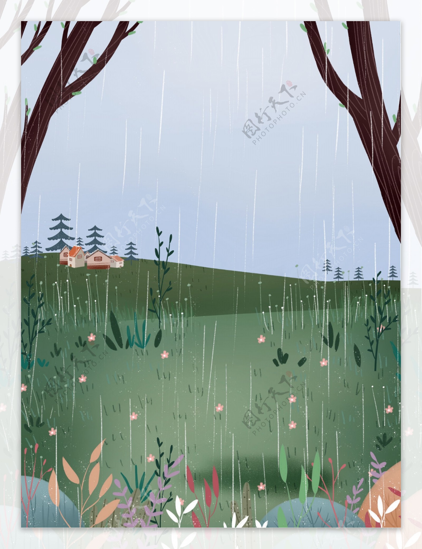 手绘春季雨水节气背景设计