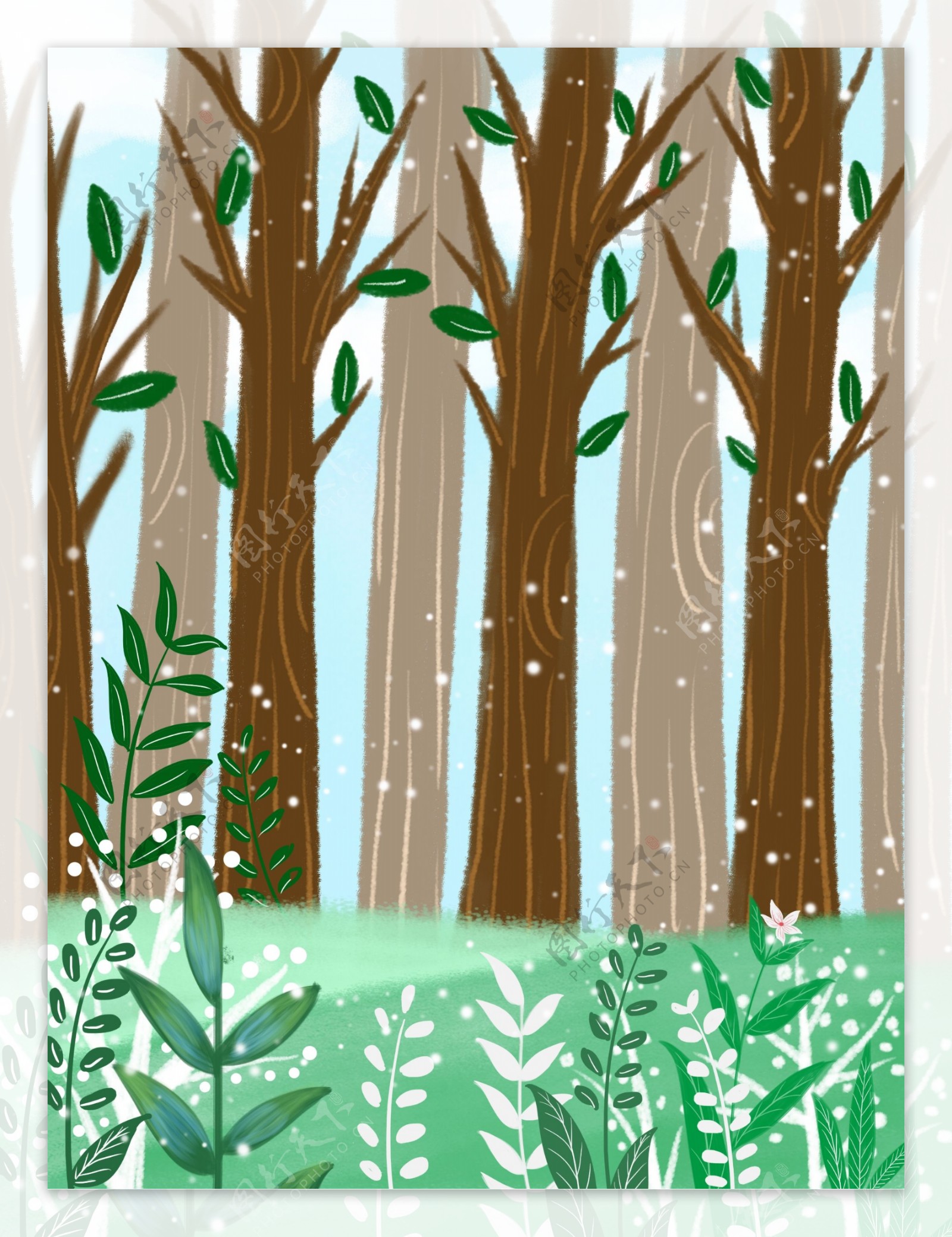 手绘春季清新树林背景设计