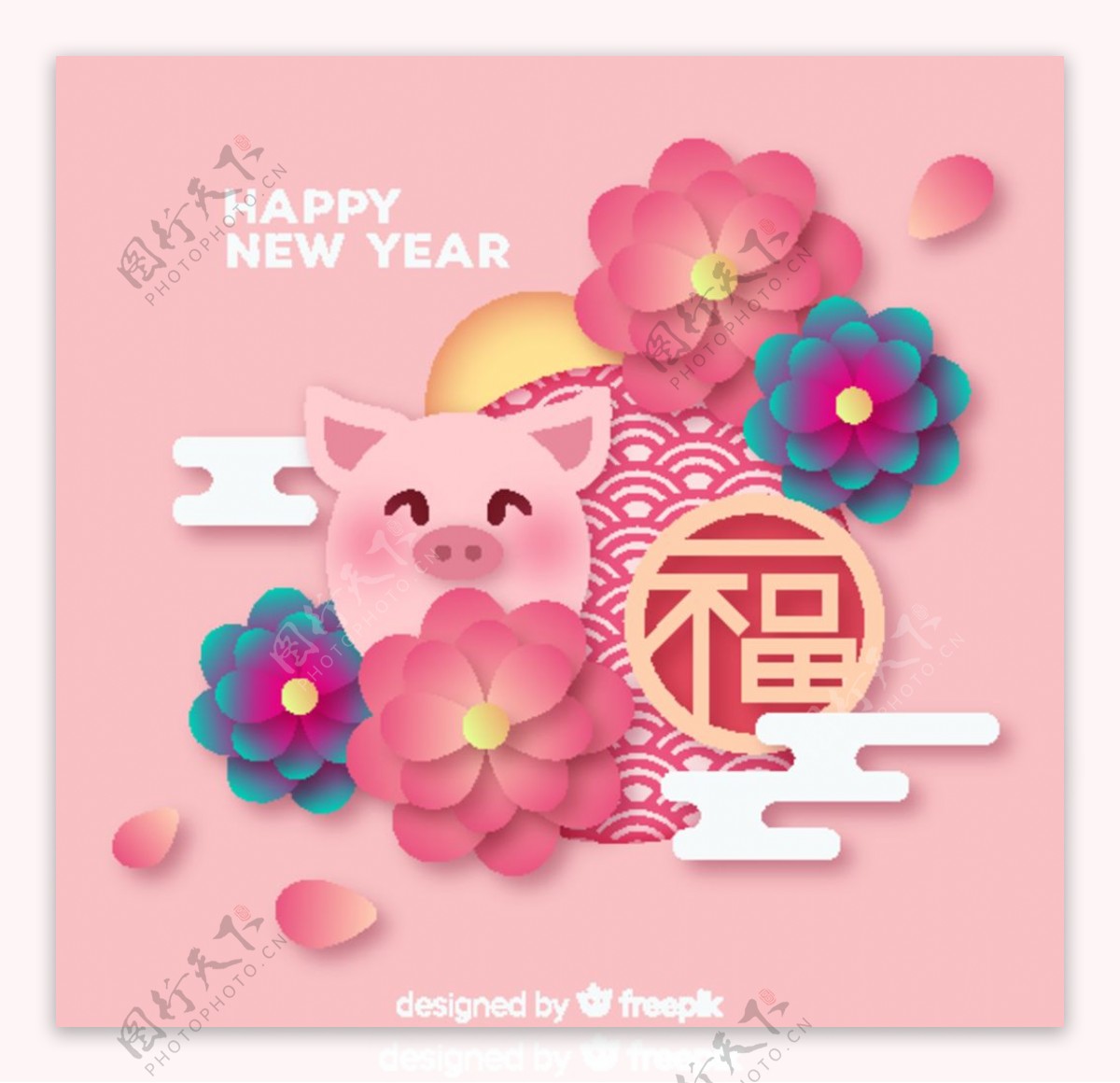 2019年粉色猪和花卉贺卡矢量