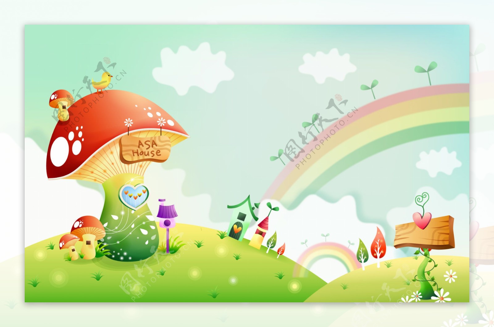 卡通蘑菇房子彩虹素材