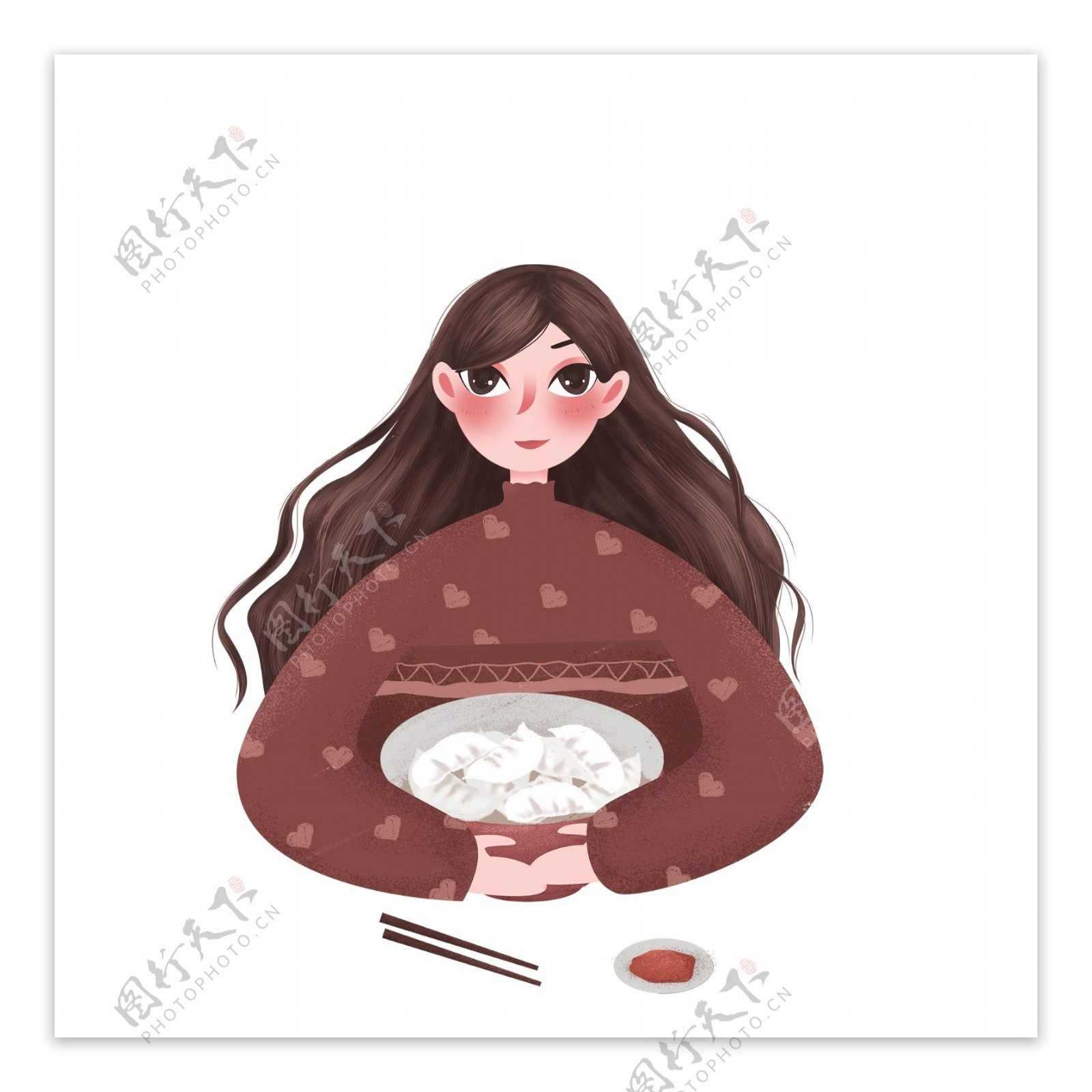 手绘抱着一碗饺子的女孩