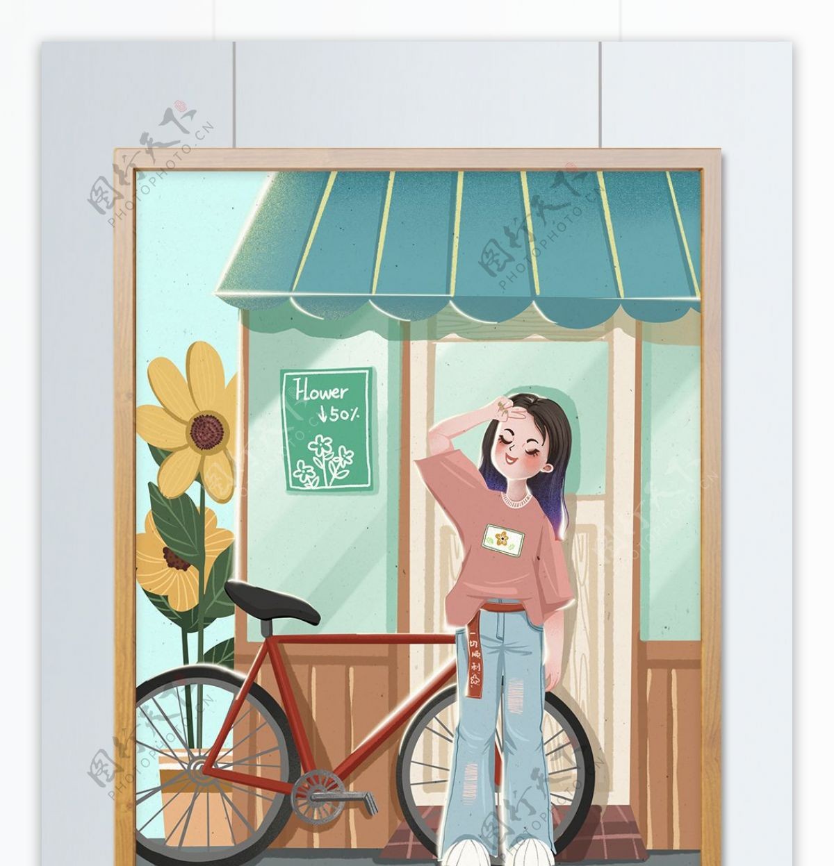 女神节女孩在商店门口骑车小清新可爱插画