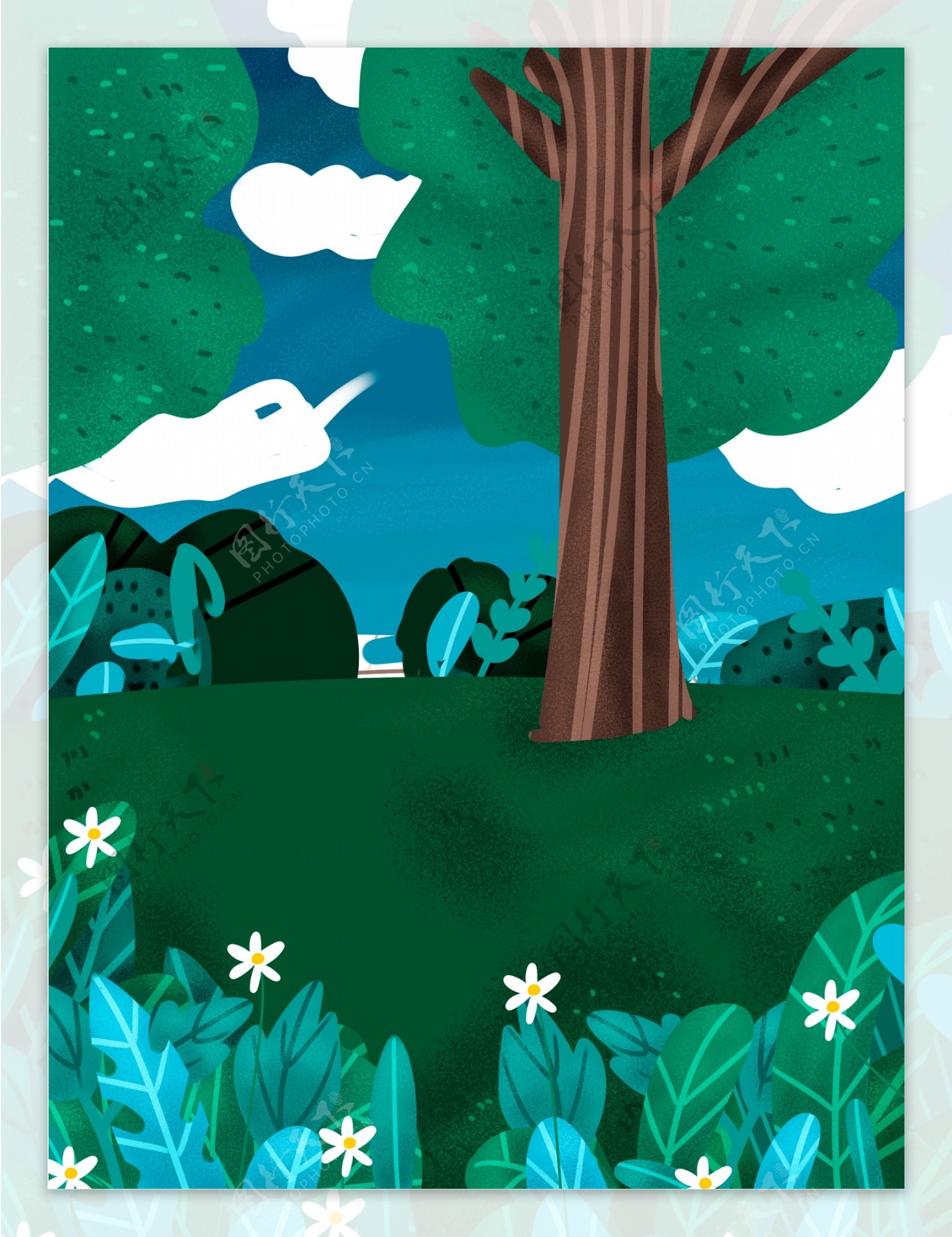 彩绘春季树林花丛背景设计