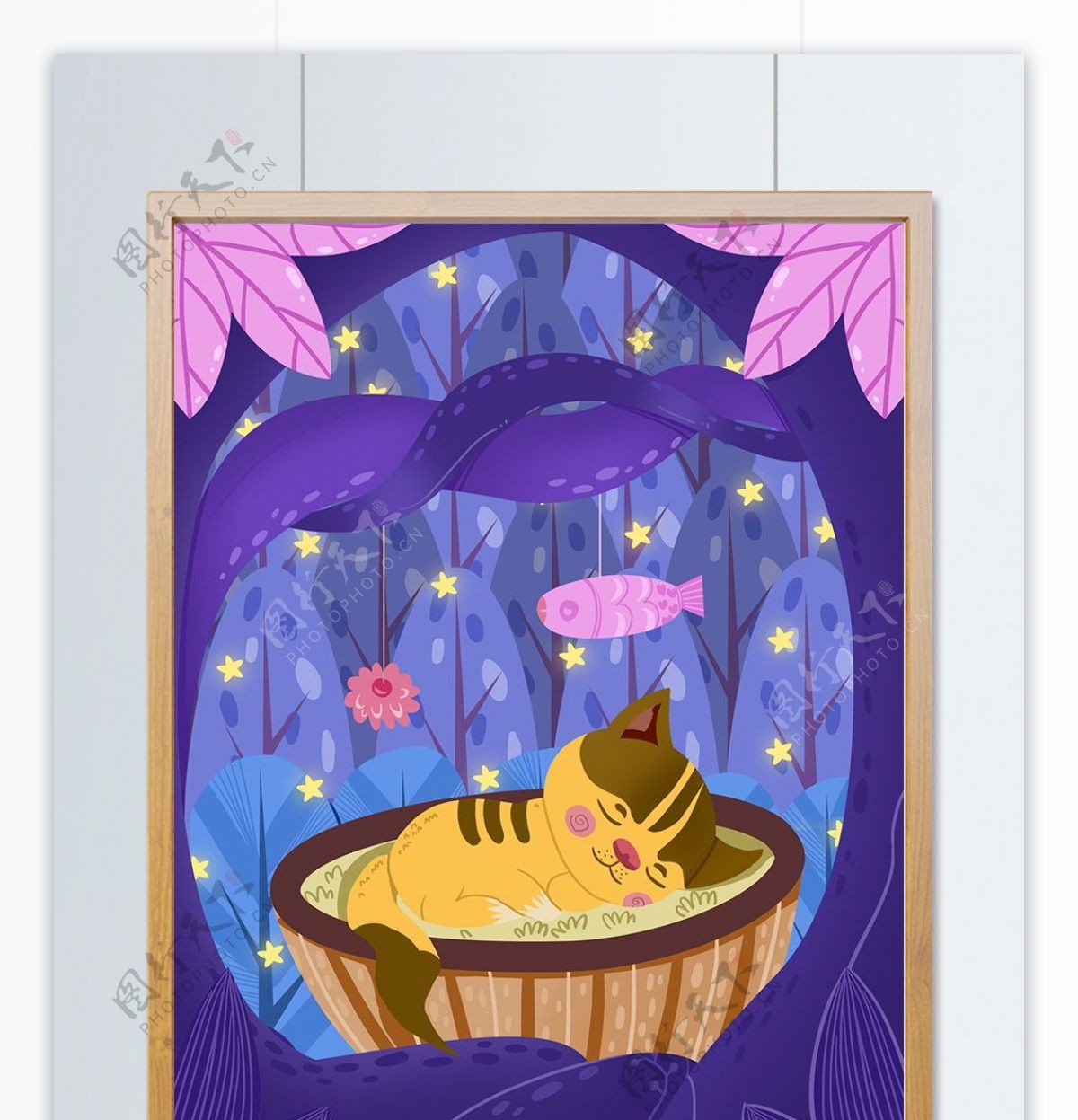 可爱手绘风晚安世界森林中小猫熟睡插画