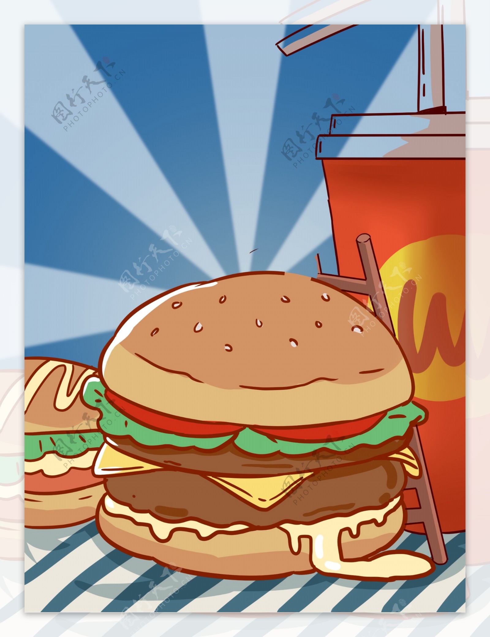 蓝色清新手绘美味汉堡插画背景