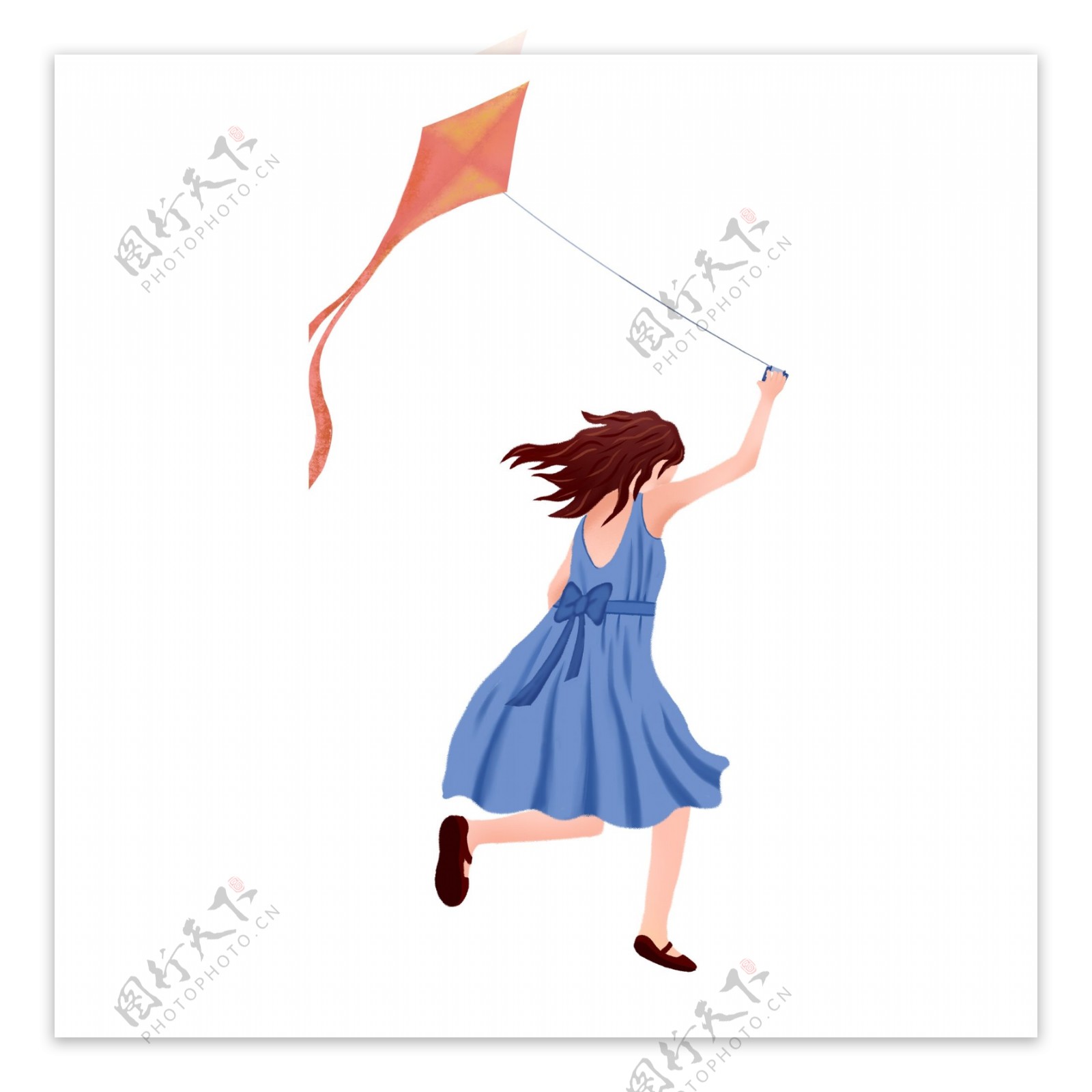 手绘卡通女孩放风筝装饰素材
