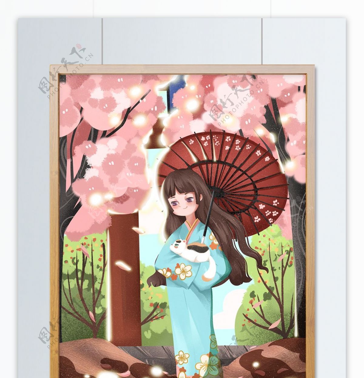 日本樱花节女孩在树下和猫咪温馨浪漫插画