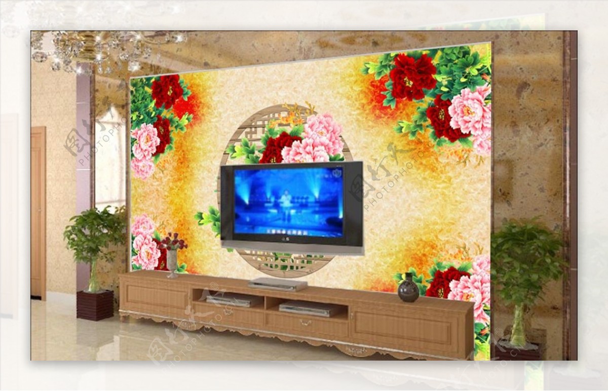 富贵牡丹客厅电电视背景墙