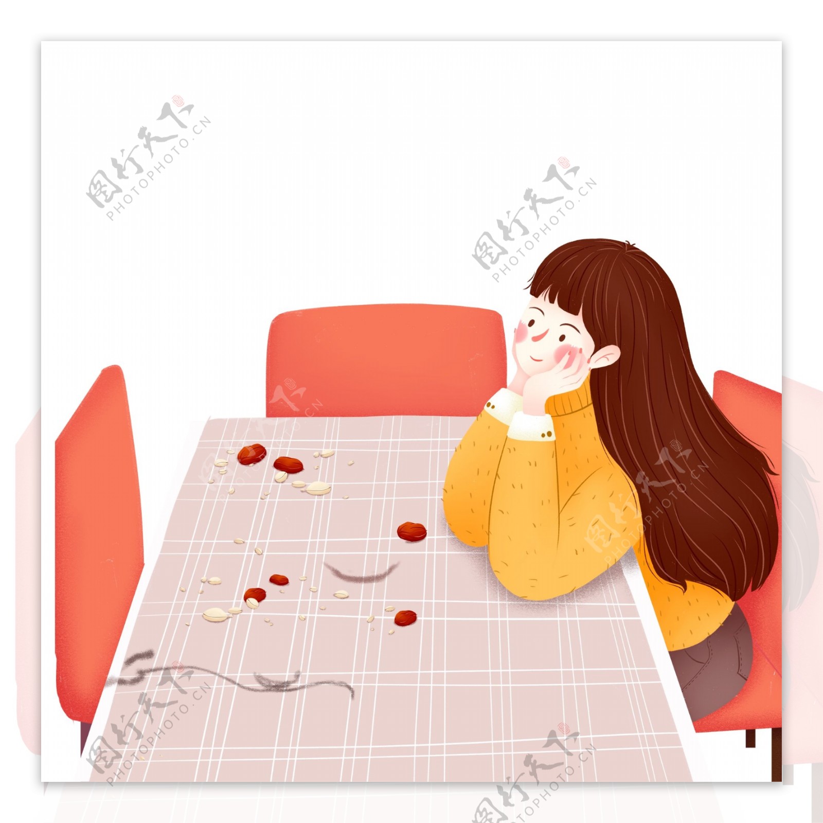 卡通可爱坐在饭桌上的女孩