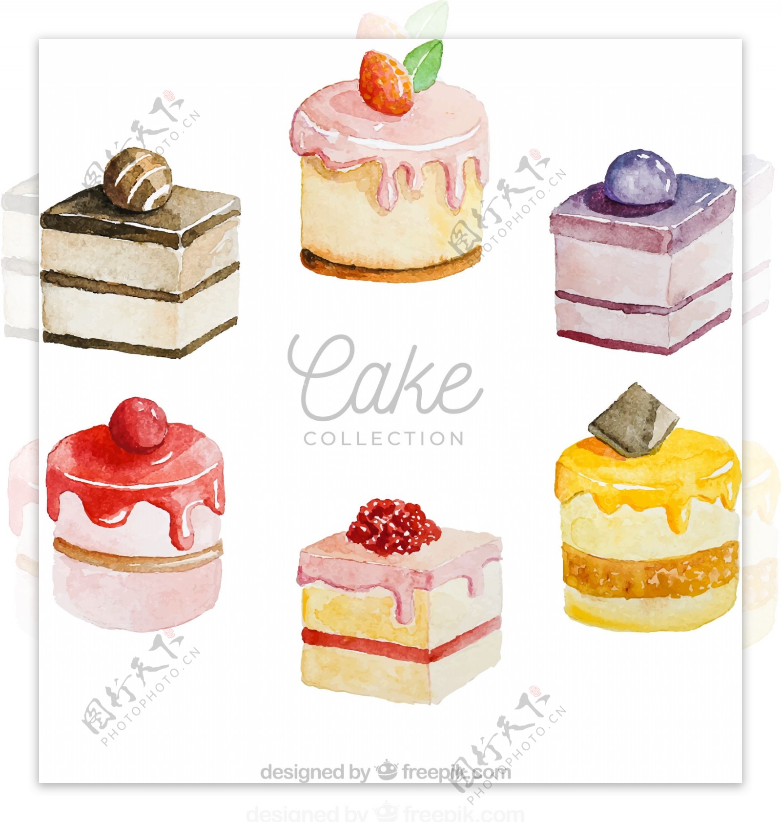 6款水彩绘美味蛋糕矢量素材