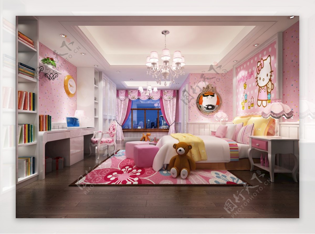 Katie猫粉色儿童房效果图