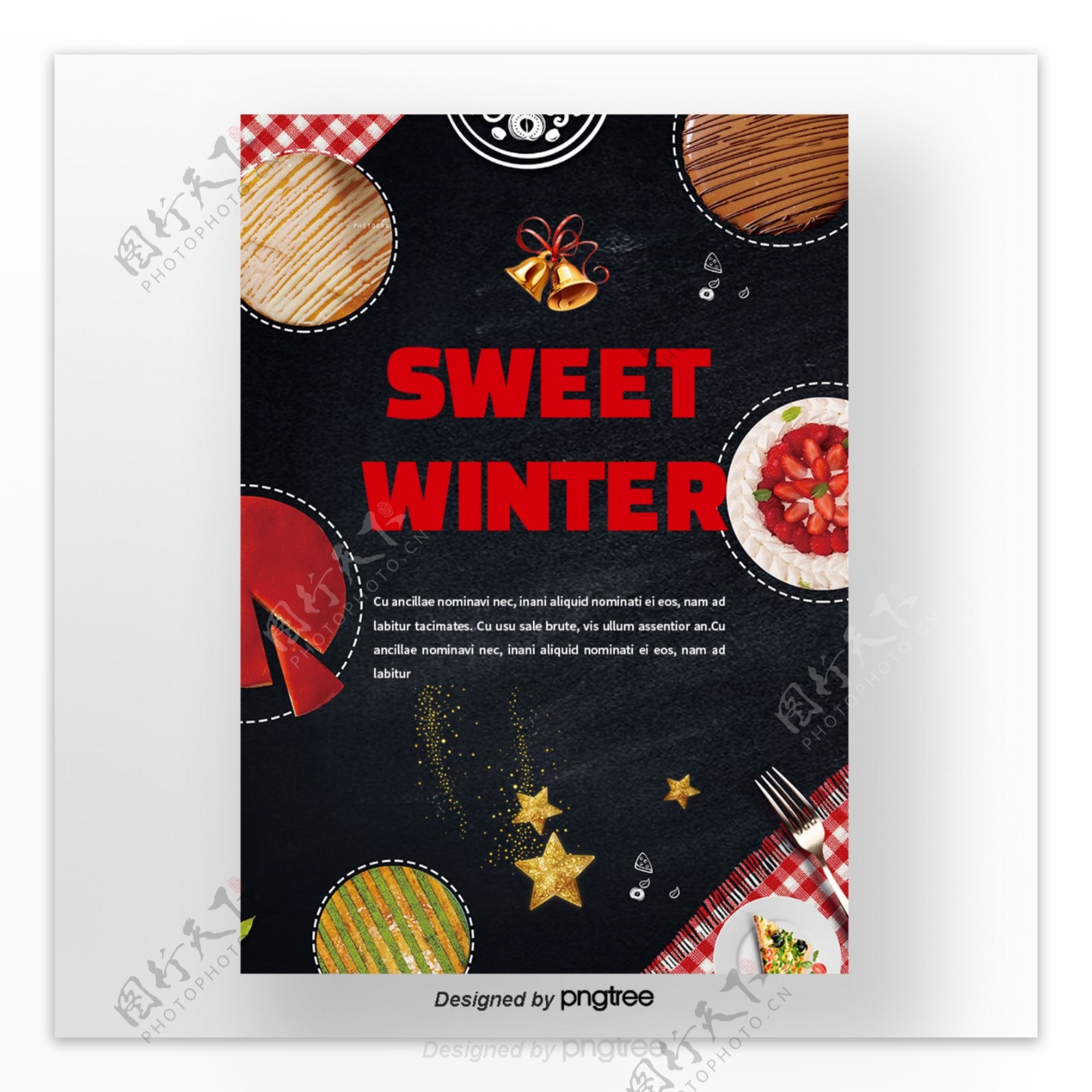 黑色圣诞节红色蛋糕星星冬天甜味食品海报