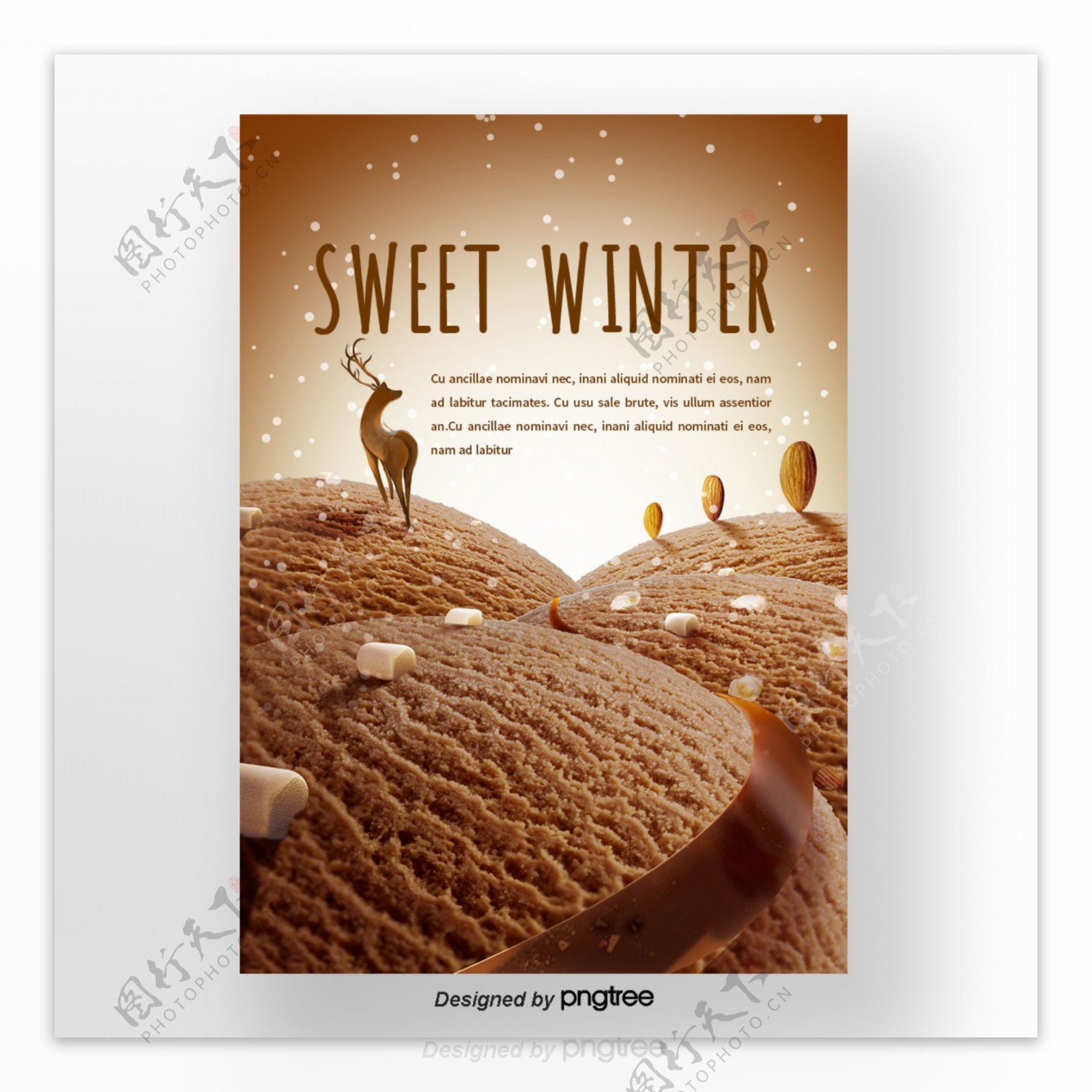 褐色圣诞节礼物巧克力冰淇淋公路的冬季甜味食品海报