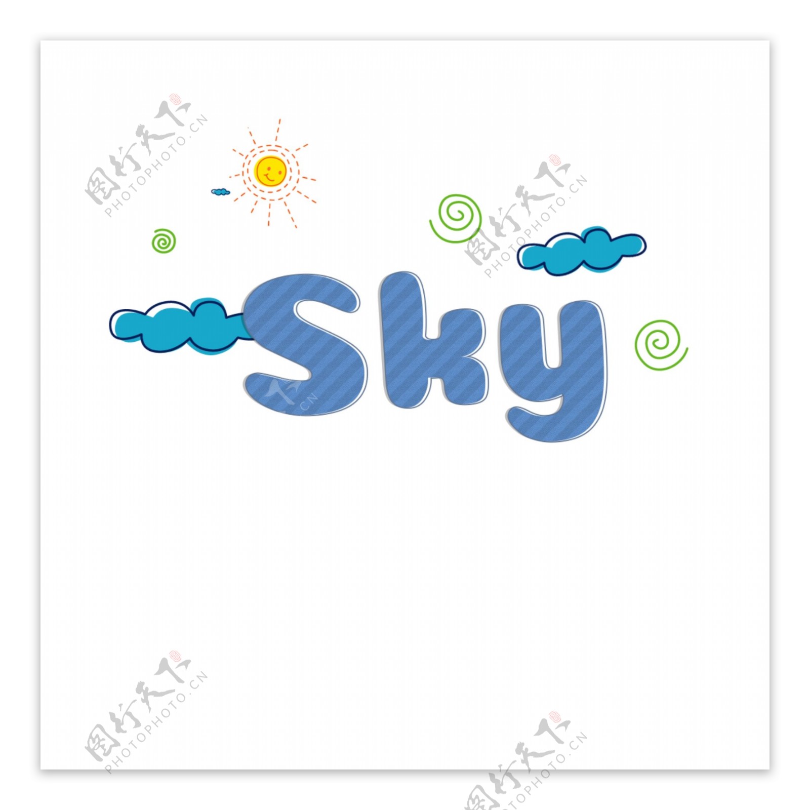 可爱的蓝色条纹天空简单字体与卡通图案