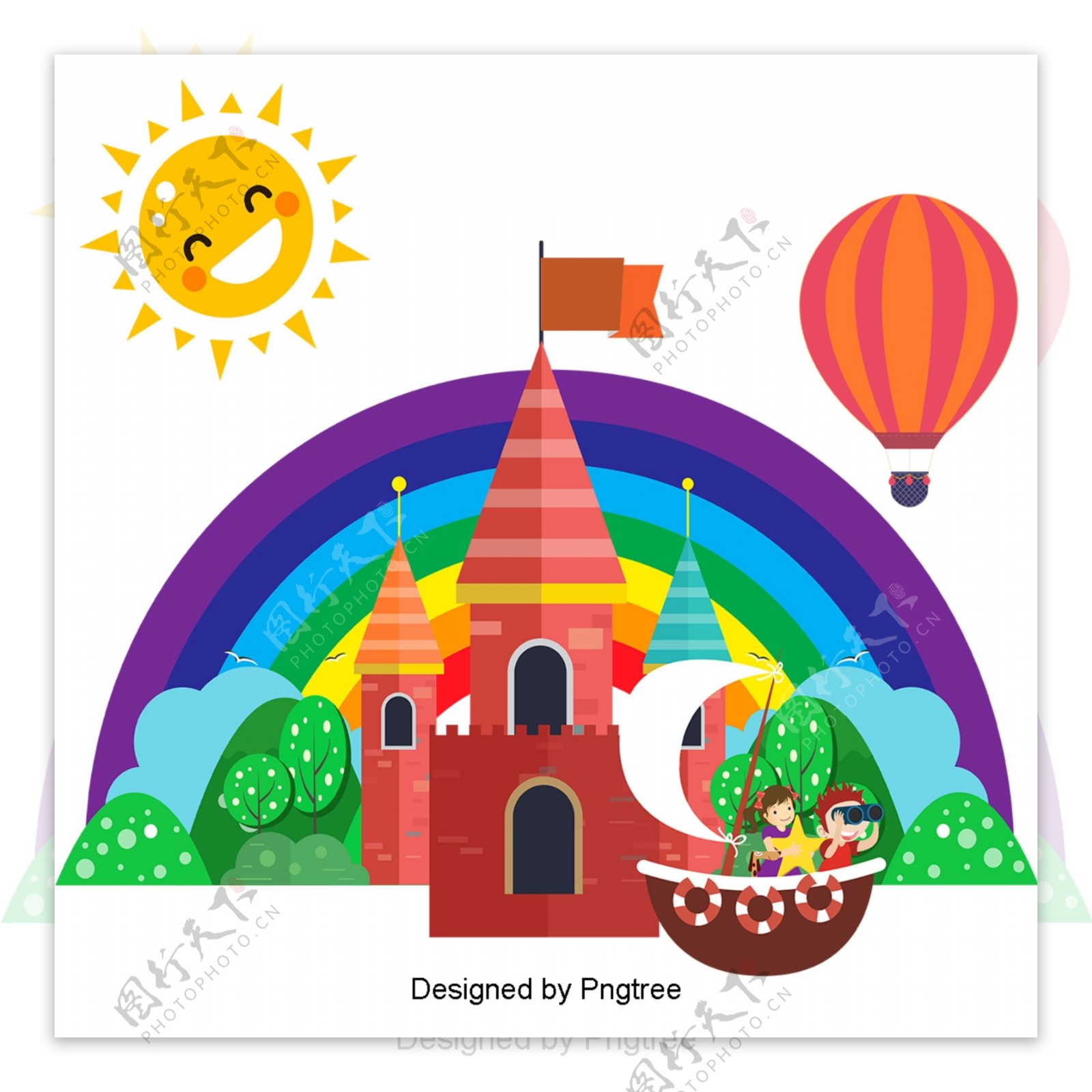 美丽的酷卡通可爱的手绘城堡彩虹太阳