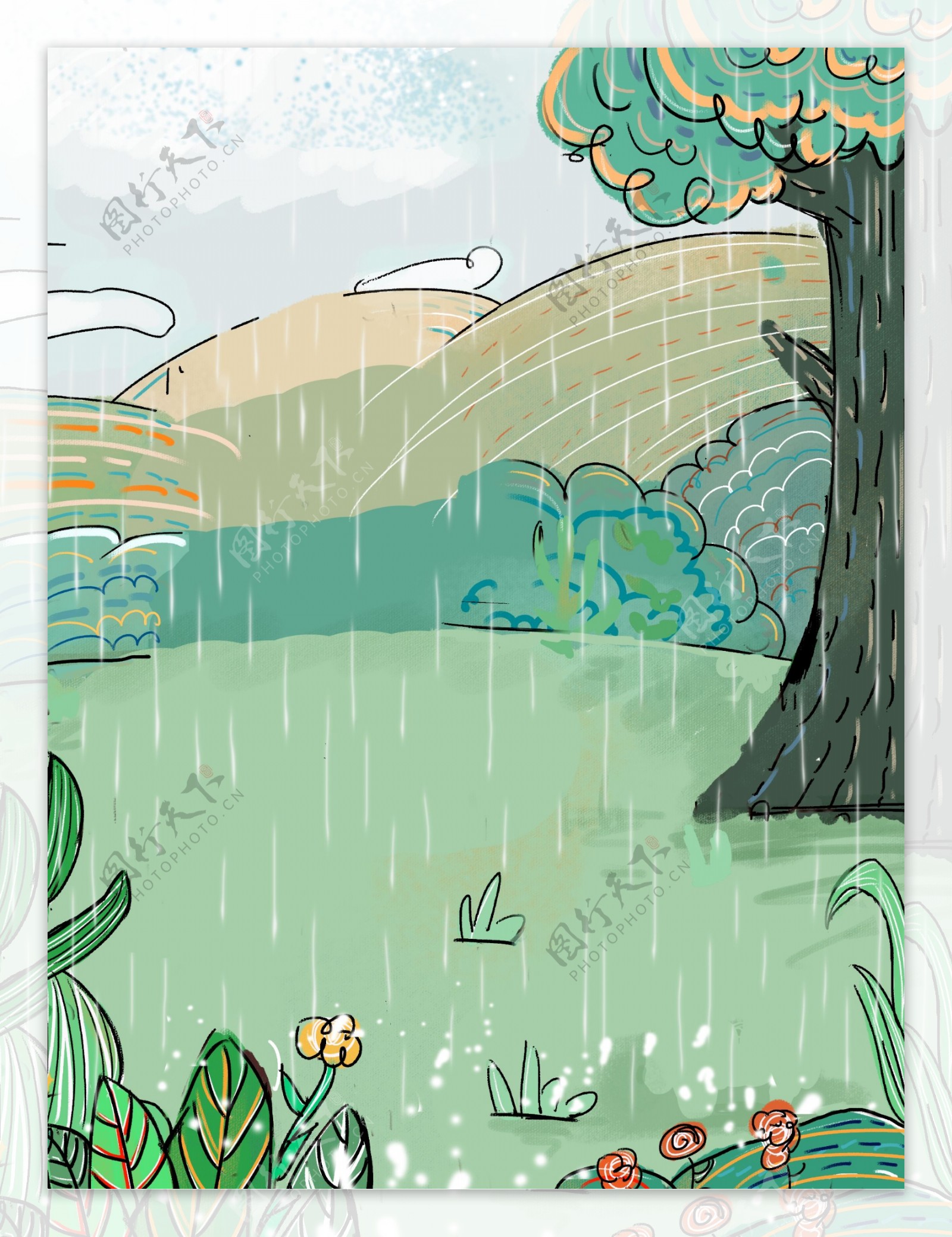 雨季树林风景插画背景