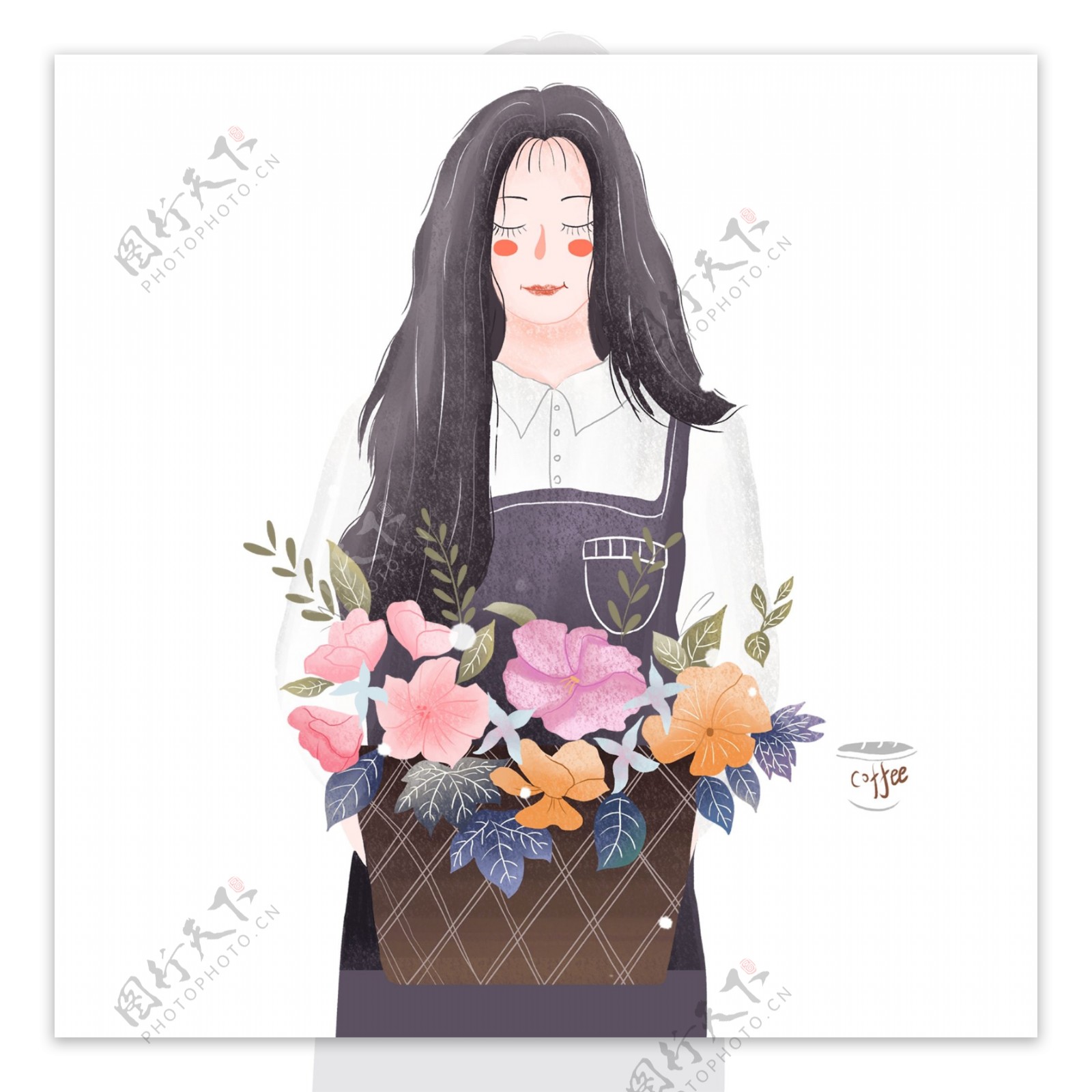 温馨手绘拿着一篮花朵的女孩