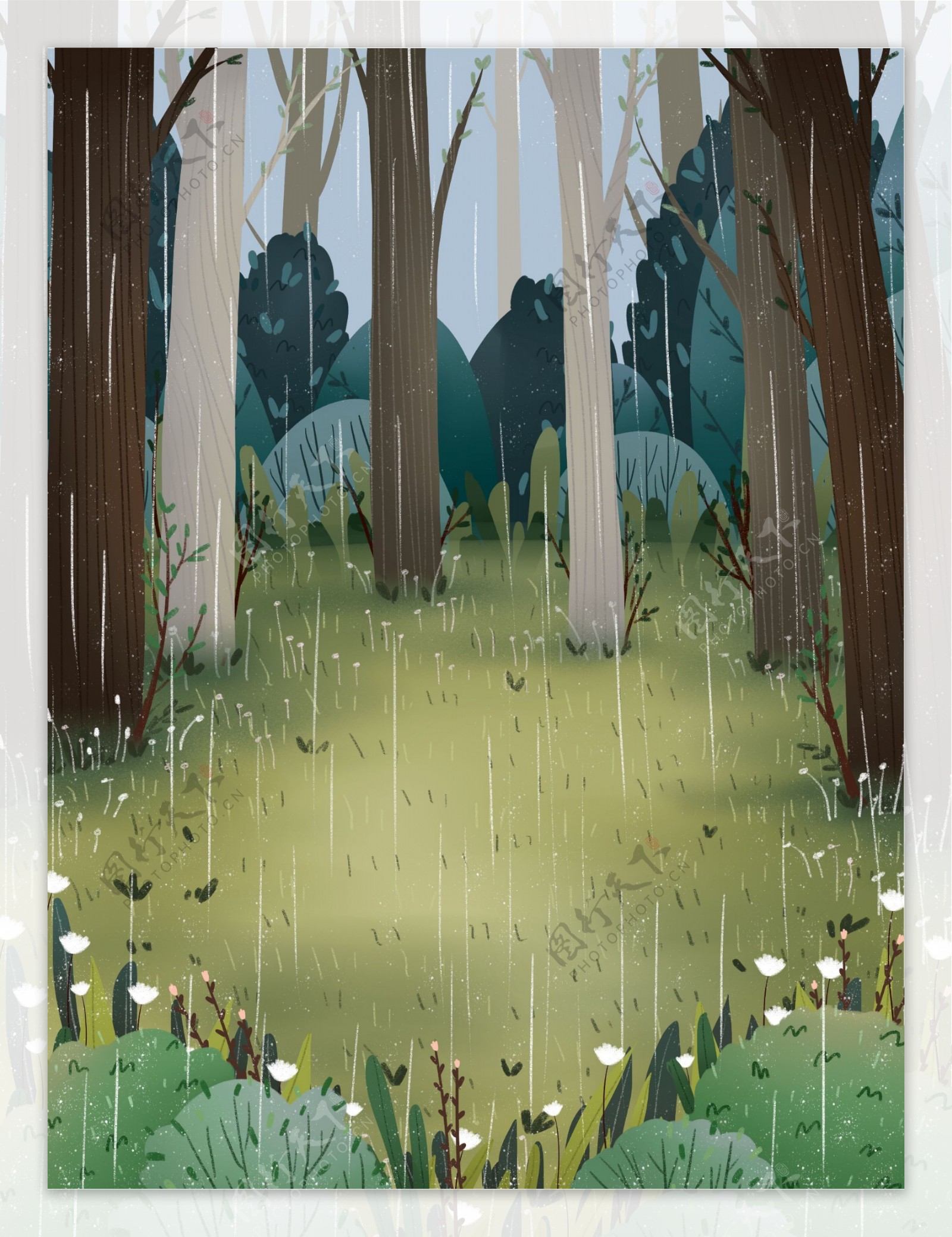 雨季彩绘春季树林背景设计