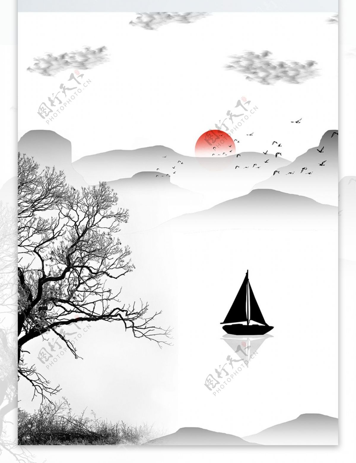 中国风山水树枝帆船装饰画