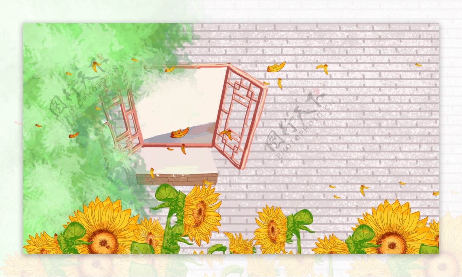 手绘可爱墙外向日葵插画背景