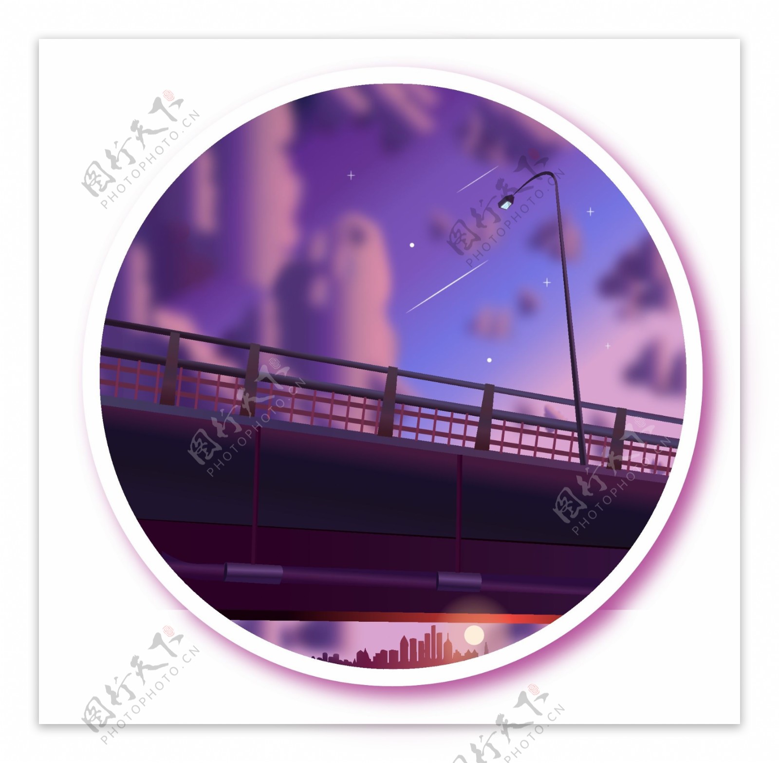 简约时尚城市星空桥梁路灯风景插画元素