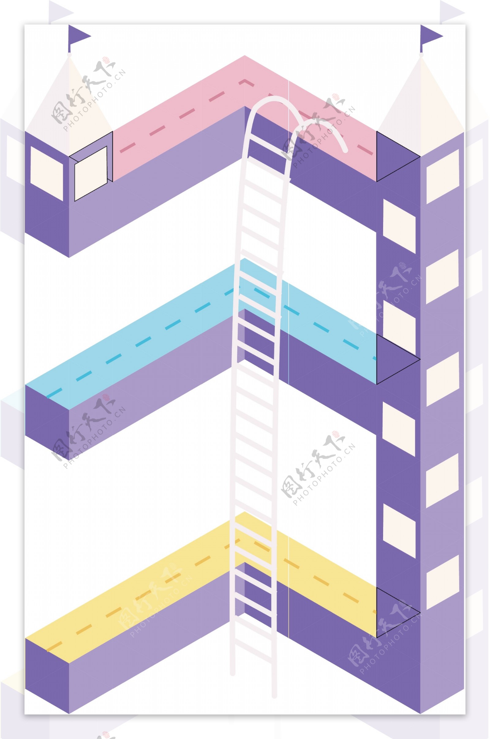 卡通立体数字3紫色城堡阶梯装饰矢量元素