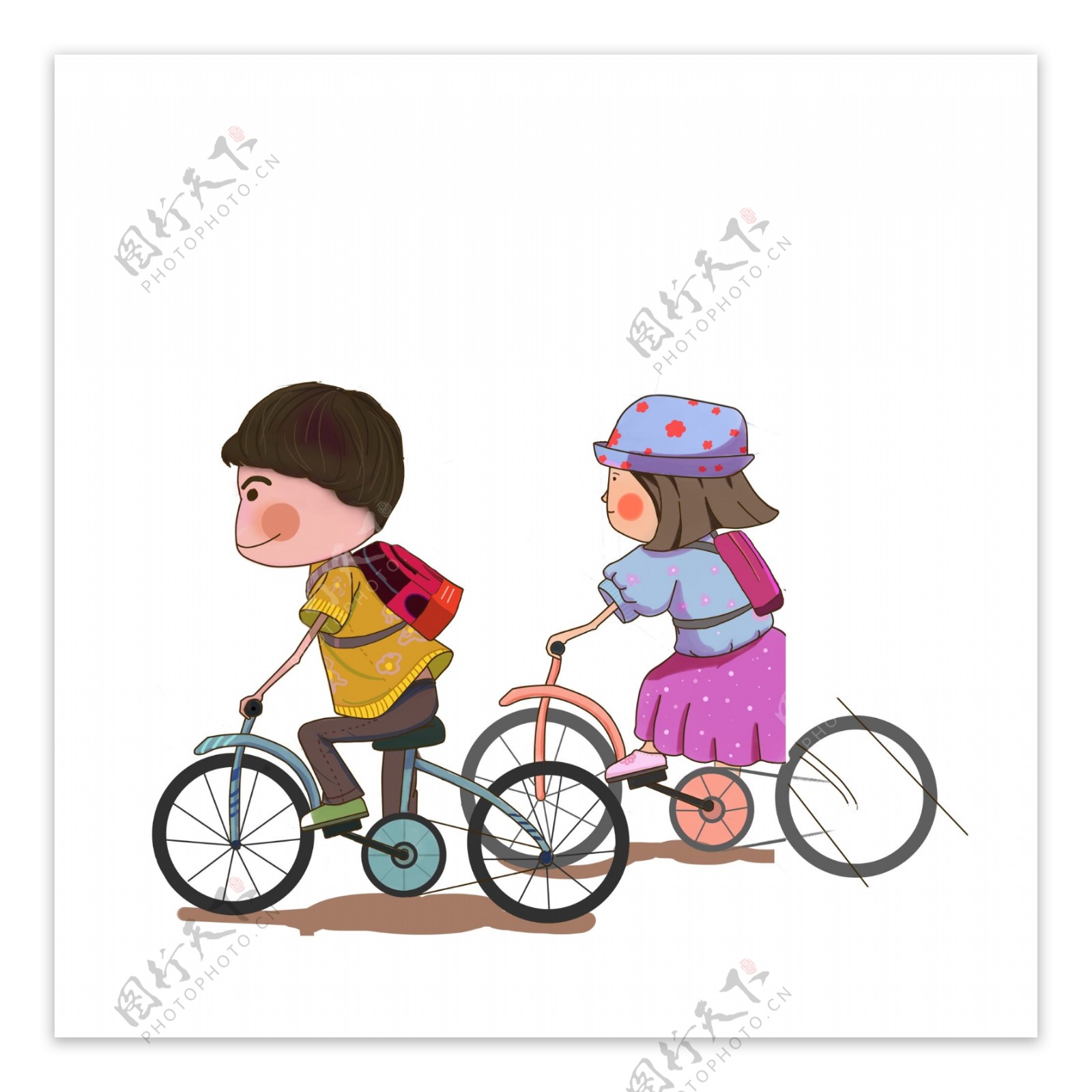 彩绘骑自行车去上学的两个学生