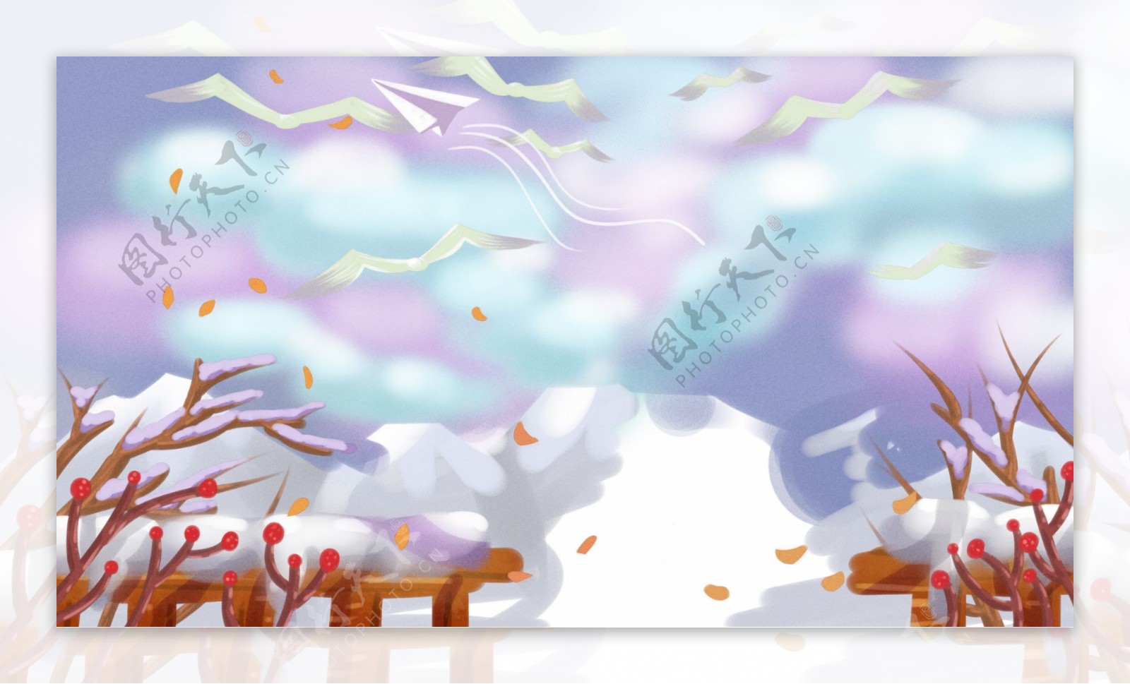 彩绘冬季纸飞机雪景背景设计