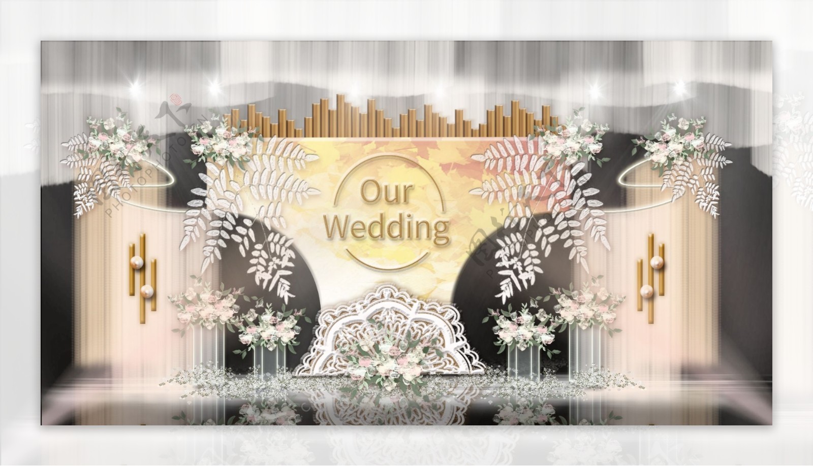 沙漏型舞台弧形帷幕纱幔垂吊叶子婚礼效果图