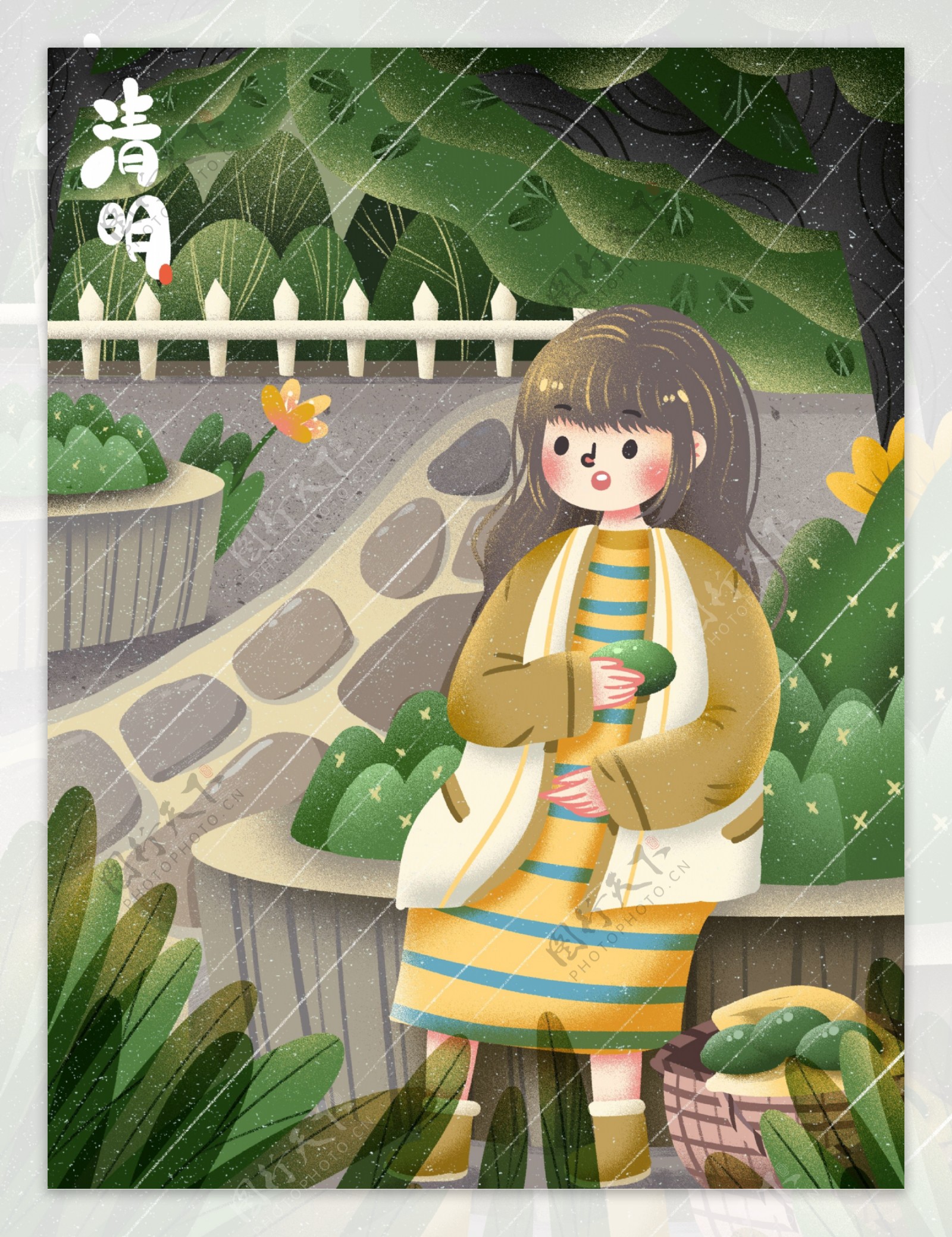 清明节吃清明饼的女孩坐在公园节气插画海报