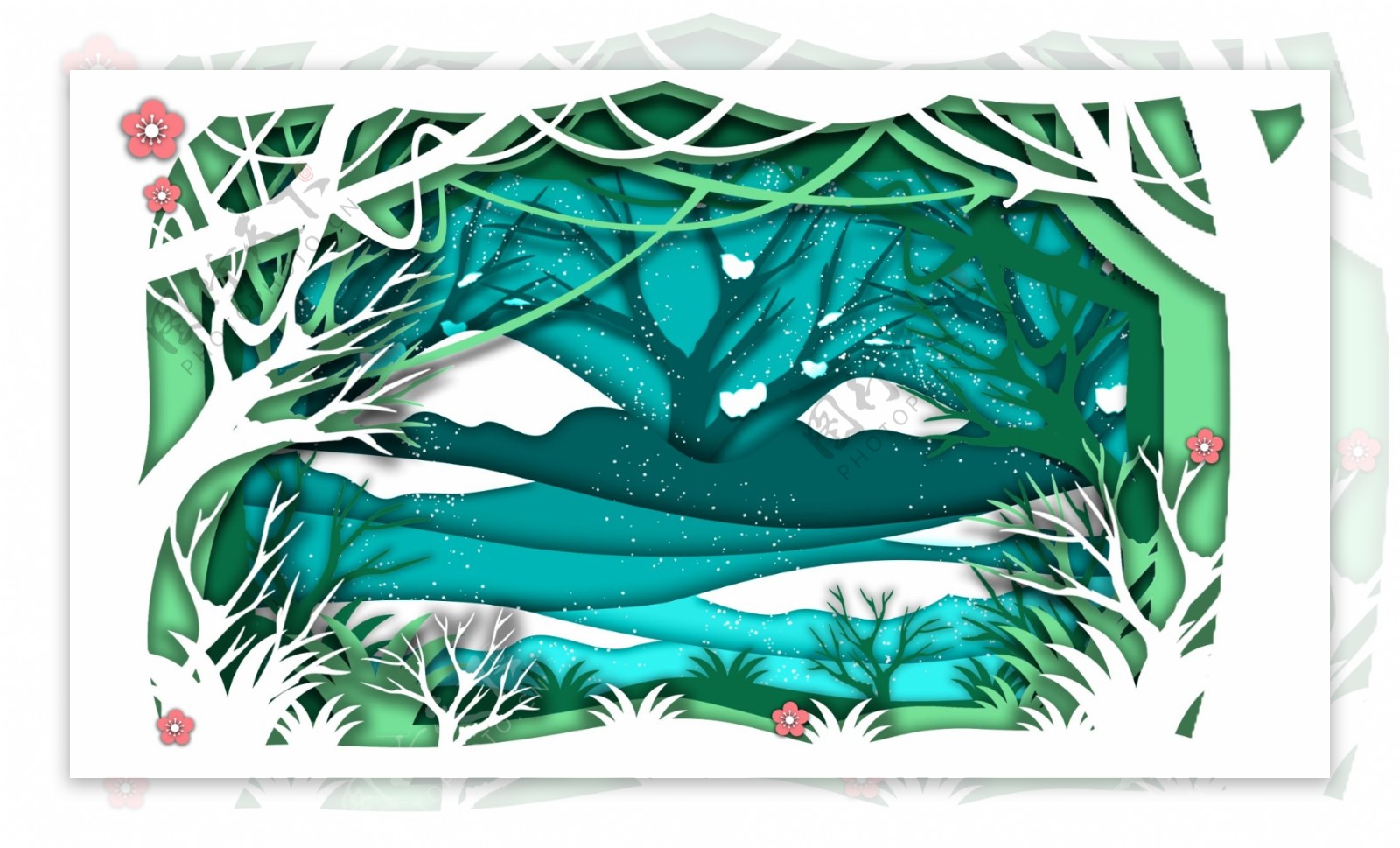 剪纸风白绿色树林背景设计
