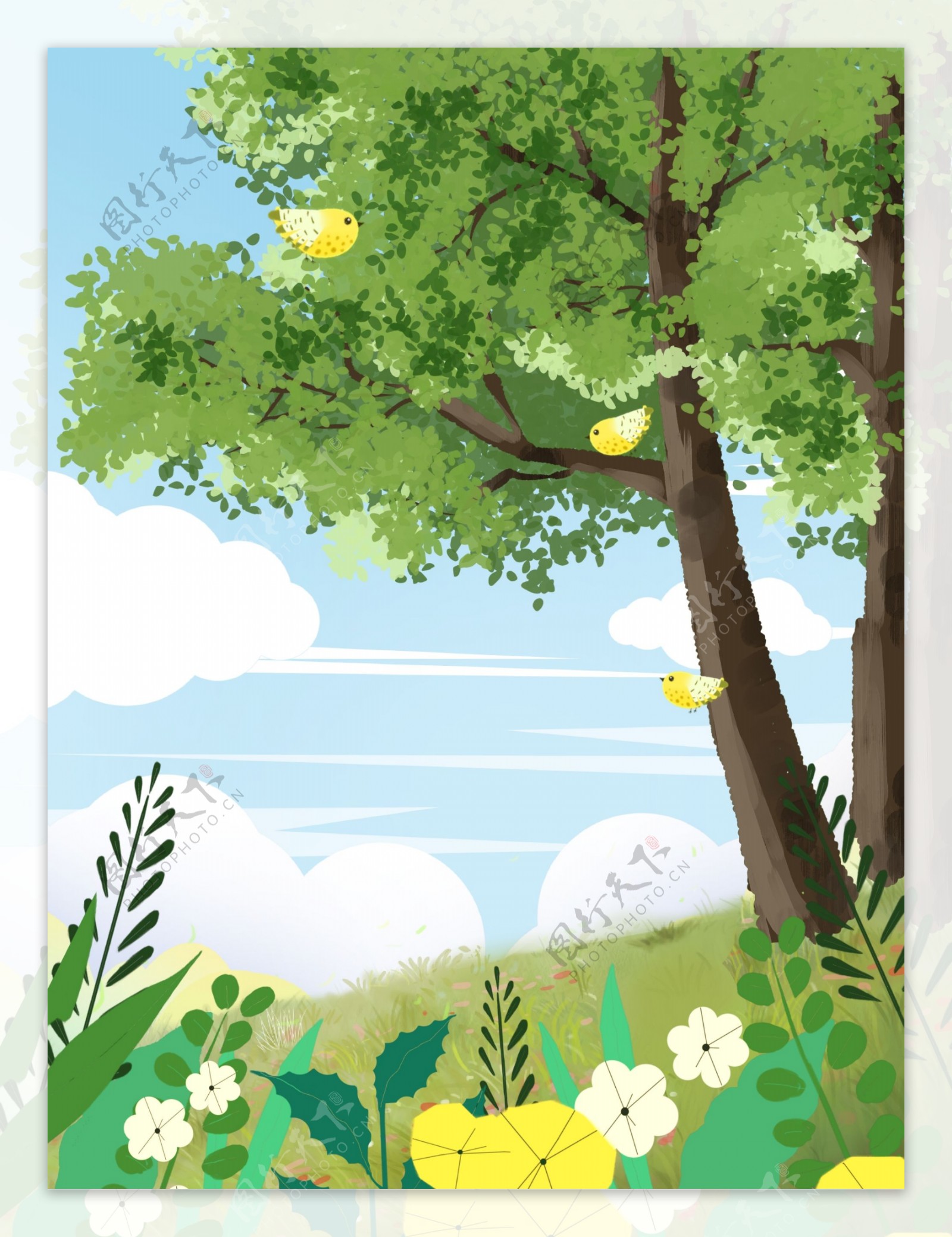 手绘春季树林小鸟背景设计