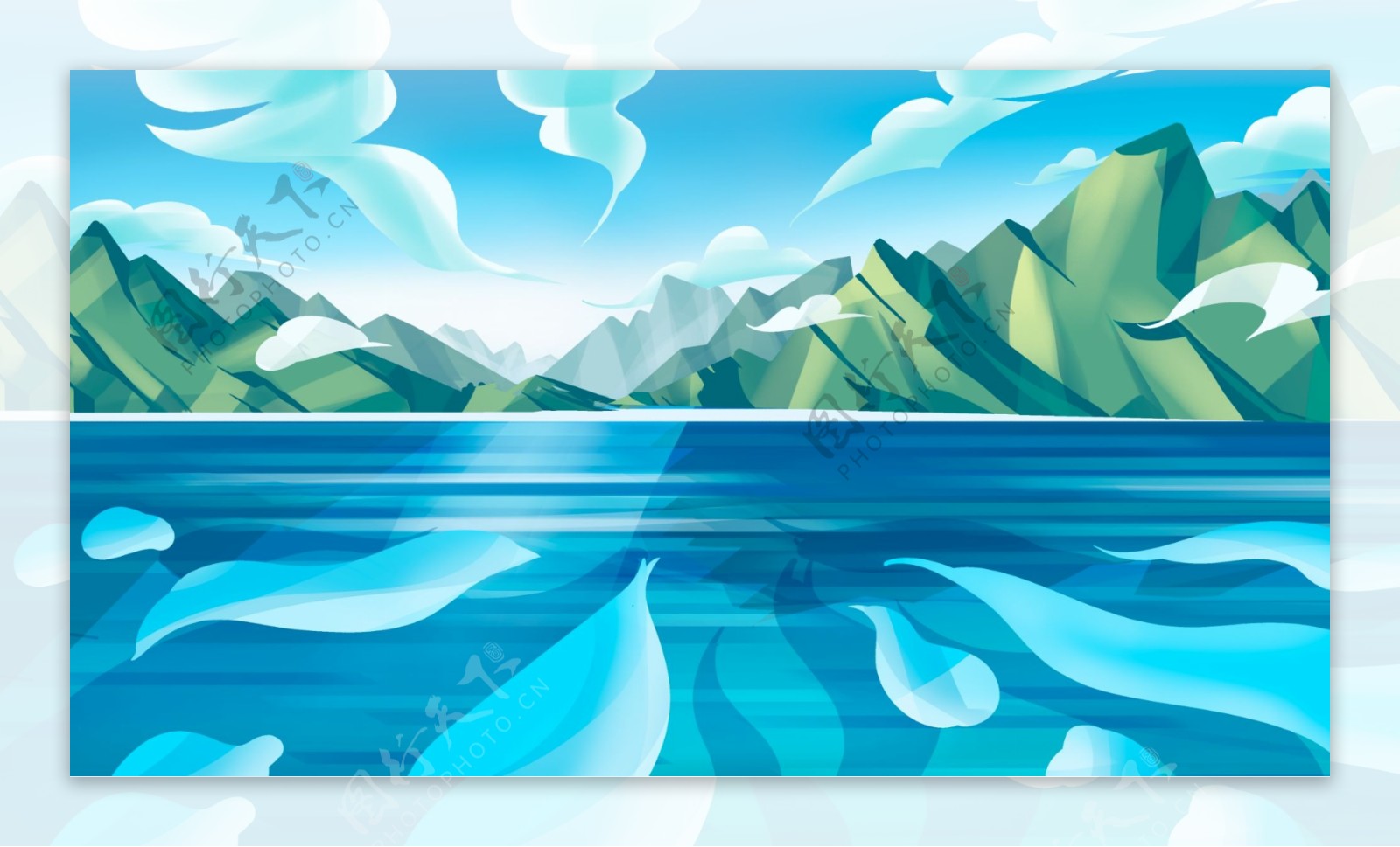 彩绘春季湖面背景设计