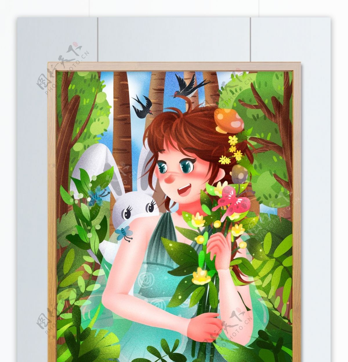 春分时节的美丽女孩和小兔子绿色清新插画
