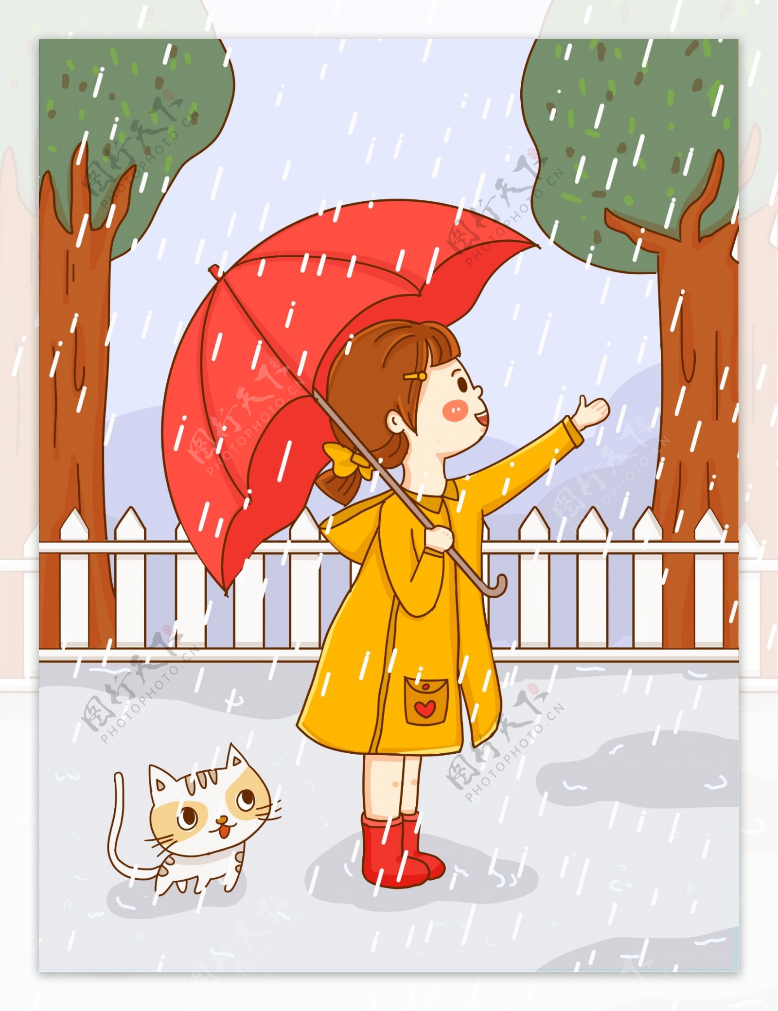 谷雨小女孩雨中玩耍小清新插画背景设计