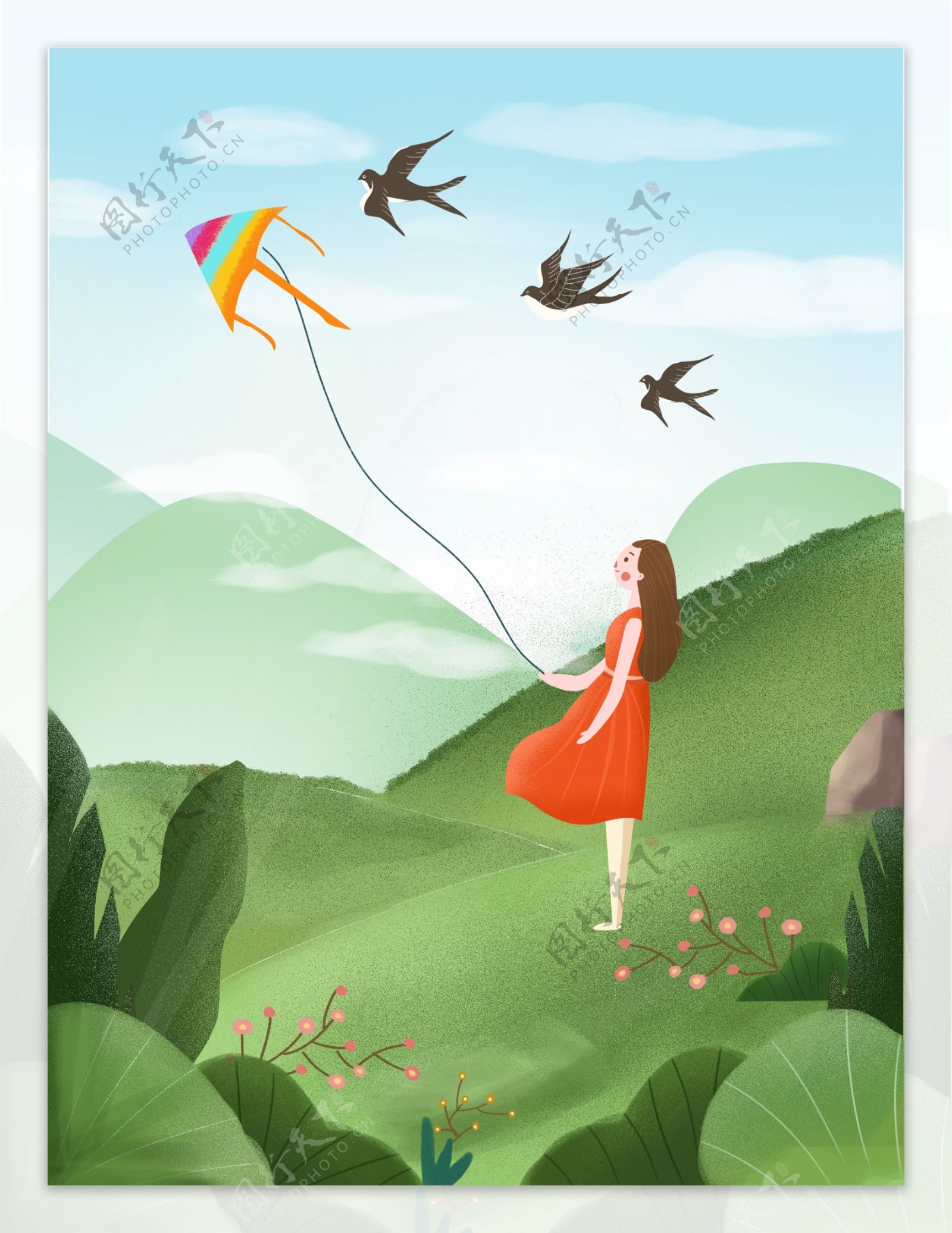 原创手绘插画少女踏青放风筝背景设计