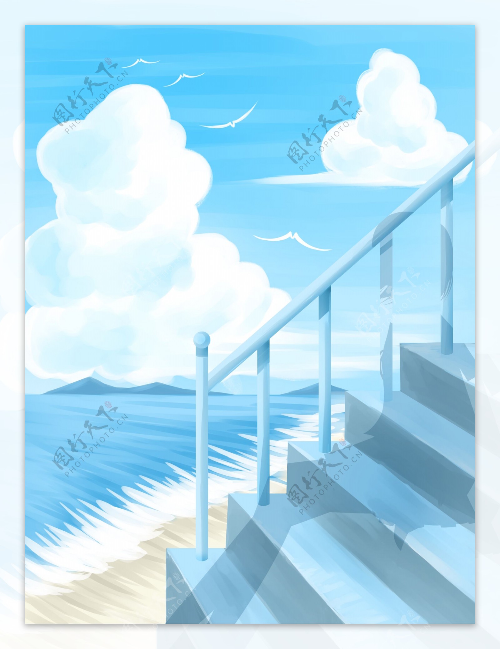 蓝色大海楼梯背景设计