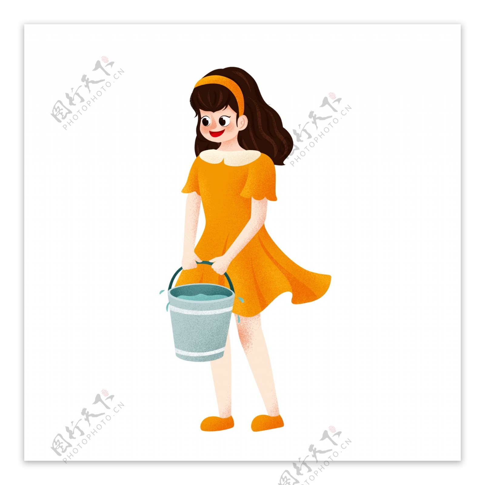 唯美清新提着一桶水的女孩卡通设计
